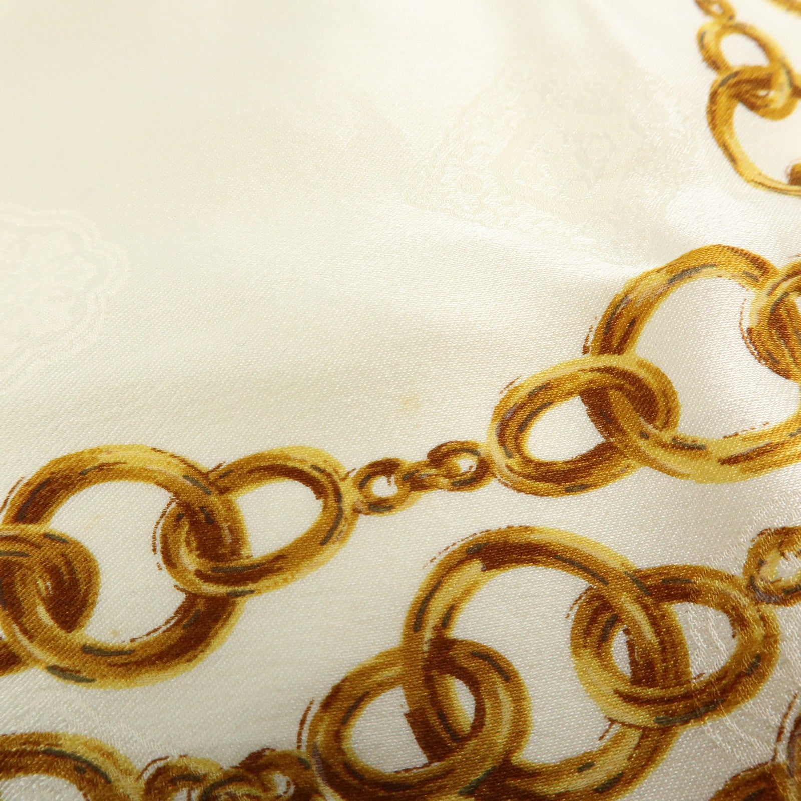 CHANEL Silk 100% Scarf Gold Chain Motif Light Blue White