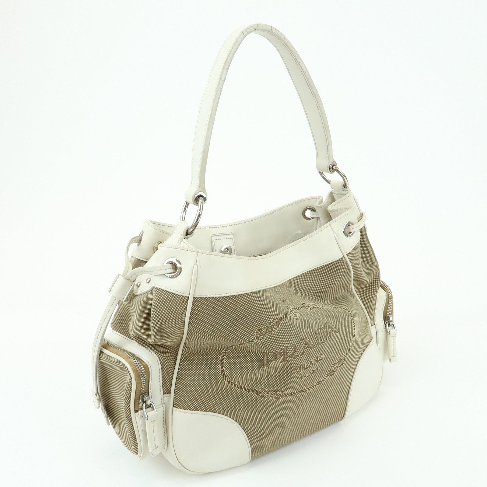 PRADA Triangle Logo Nylon Jacquard Leather Shoudler Bag Beige Ivory