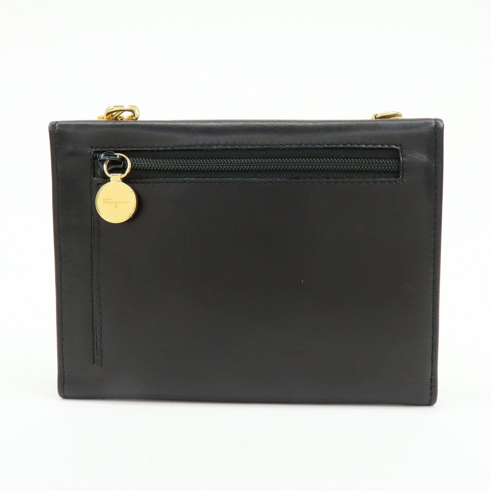 Ferragamo Gancini Leather Compact Wallet Shoulder Wallet Black