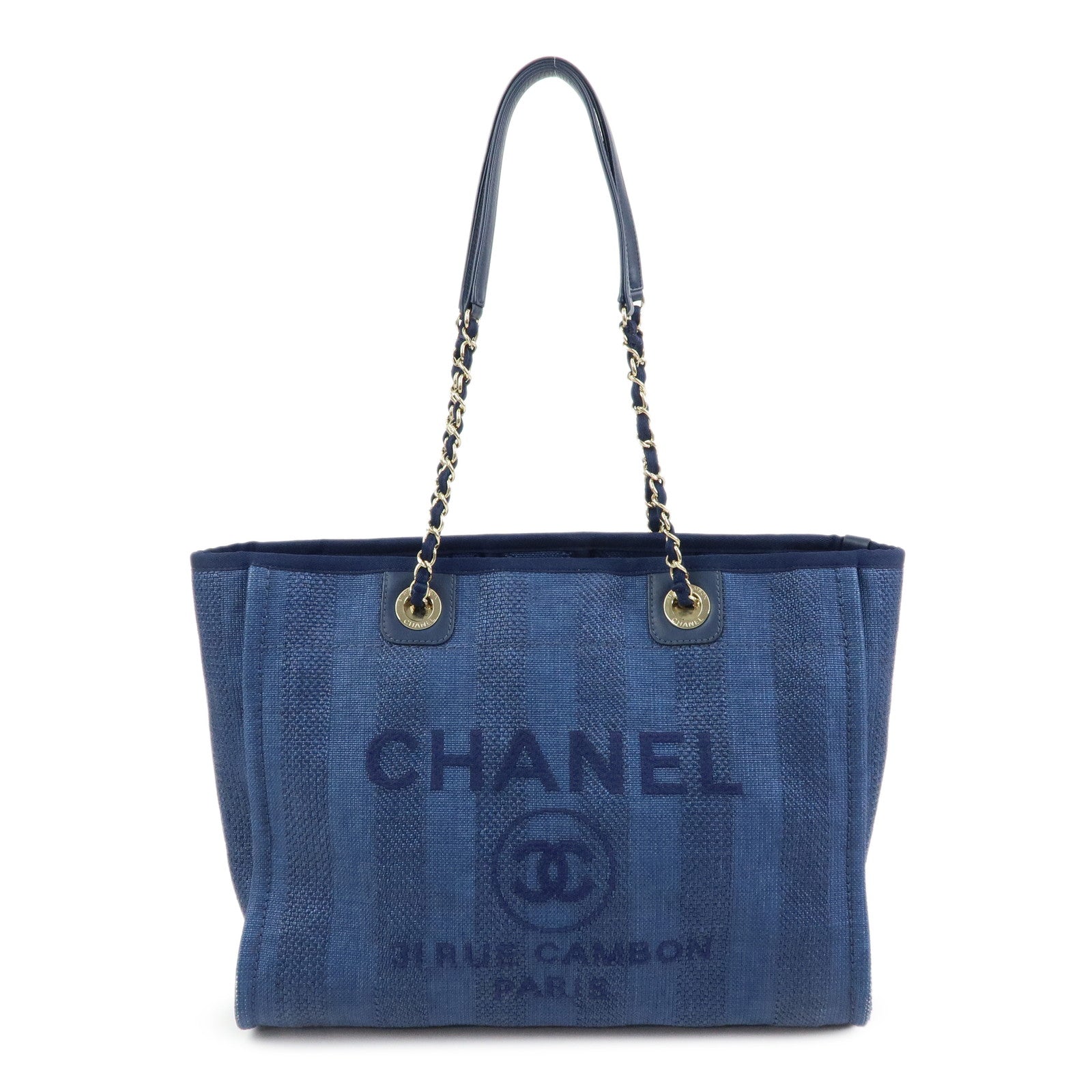 CHANEL Deauville MM Canvas Leather Tote Chain Shoulder Bag A67001
