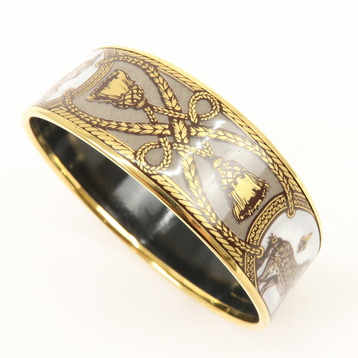 HERMES Email GM Gold Plated Bangle Bracelet Gold Grey White
