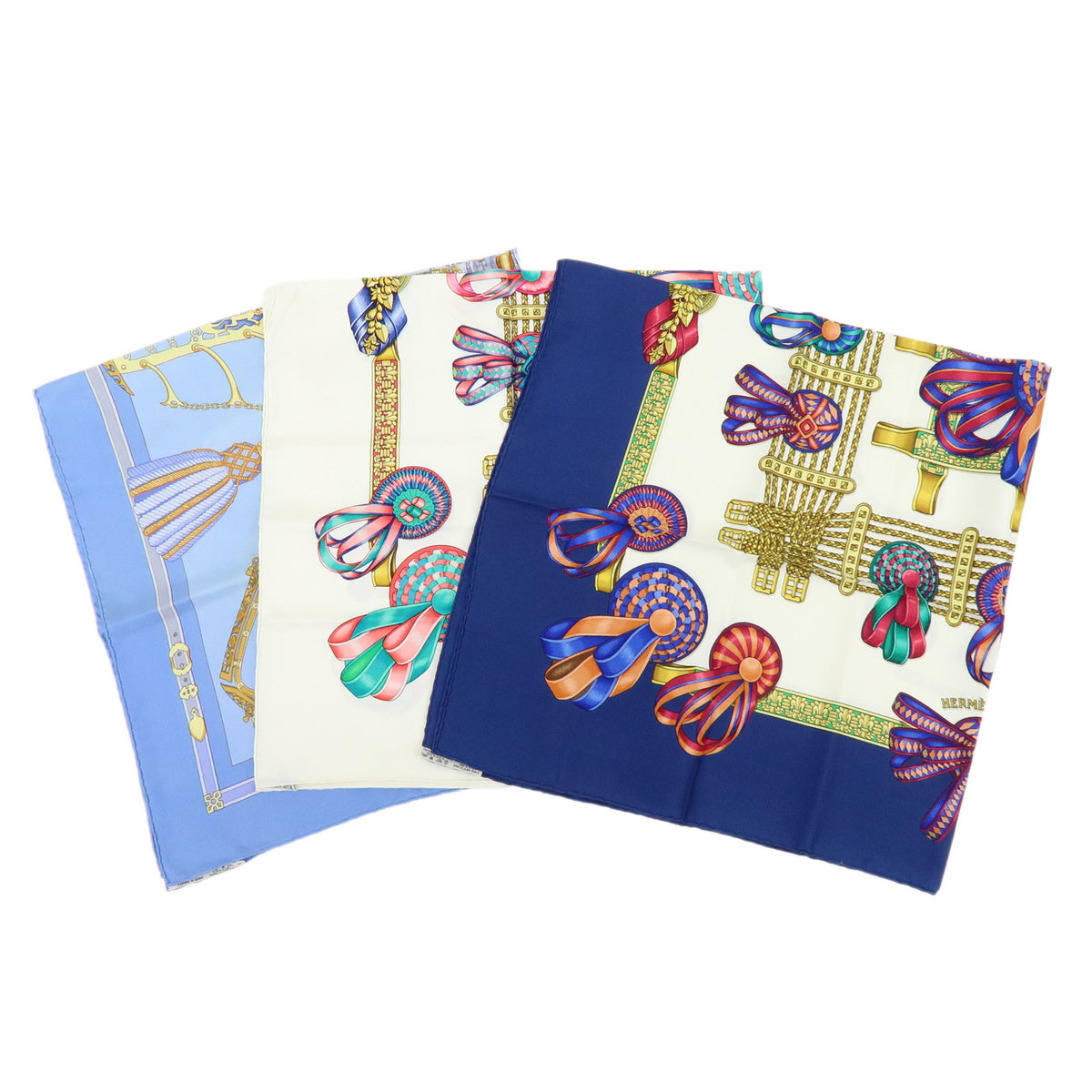 HERMES Carre 90 Lot of 3 Silk 100% Scarf Navy Light Blue Gold