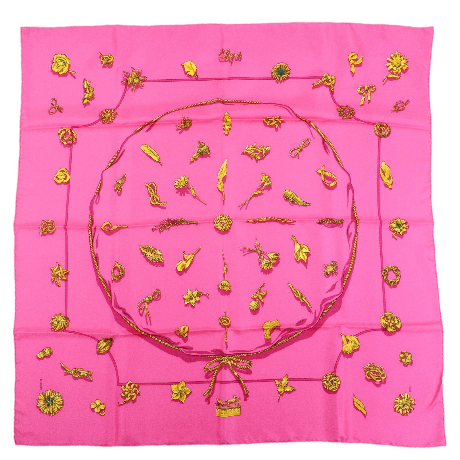 HERMES Carre 90 Silk 100% Scarf Clips Pink Gold