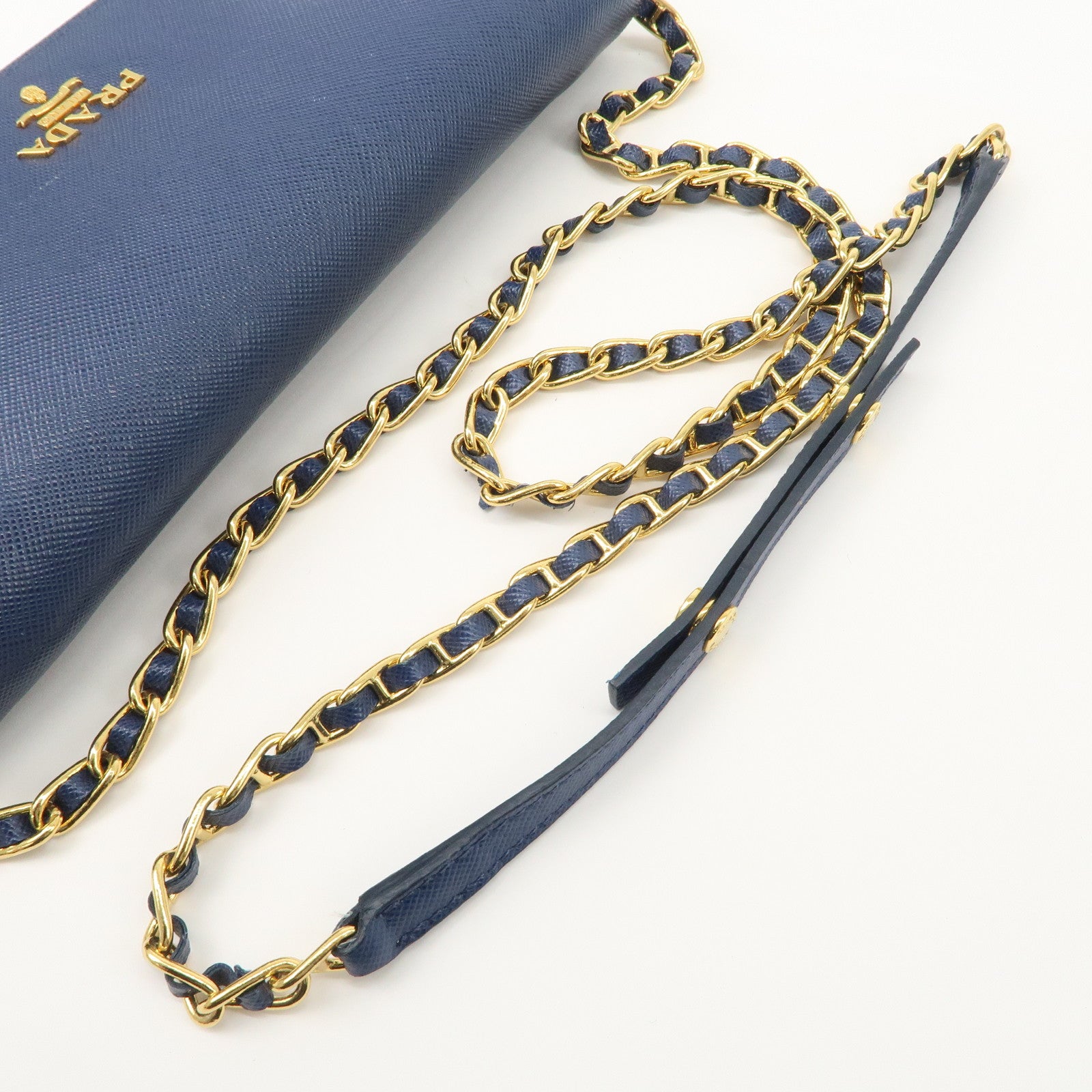 PRADA Logo Leather Chain Wallet WOC Blue Gold Hardware 1MT290 Used