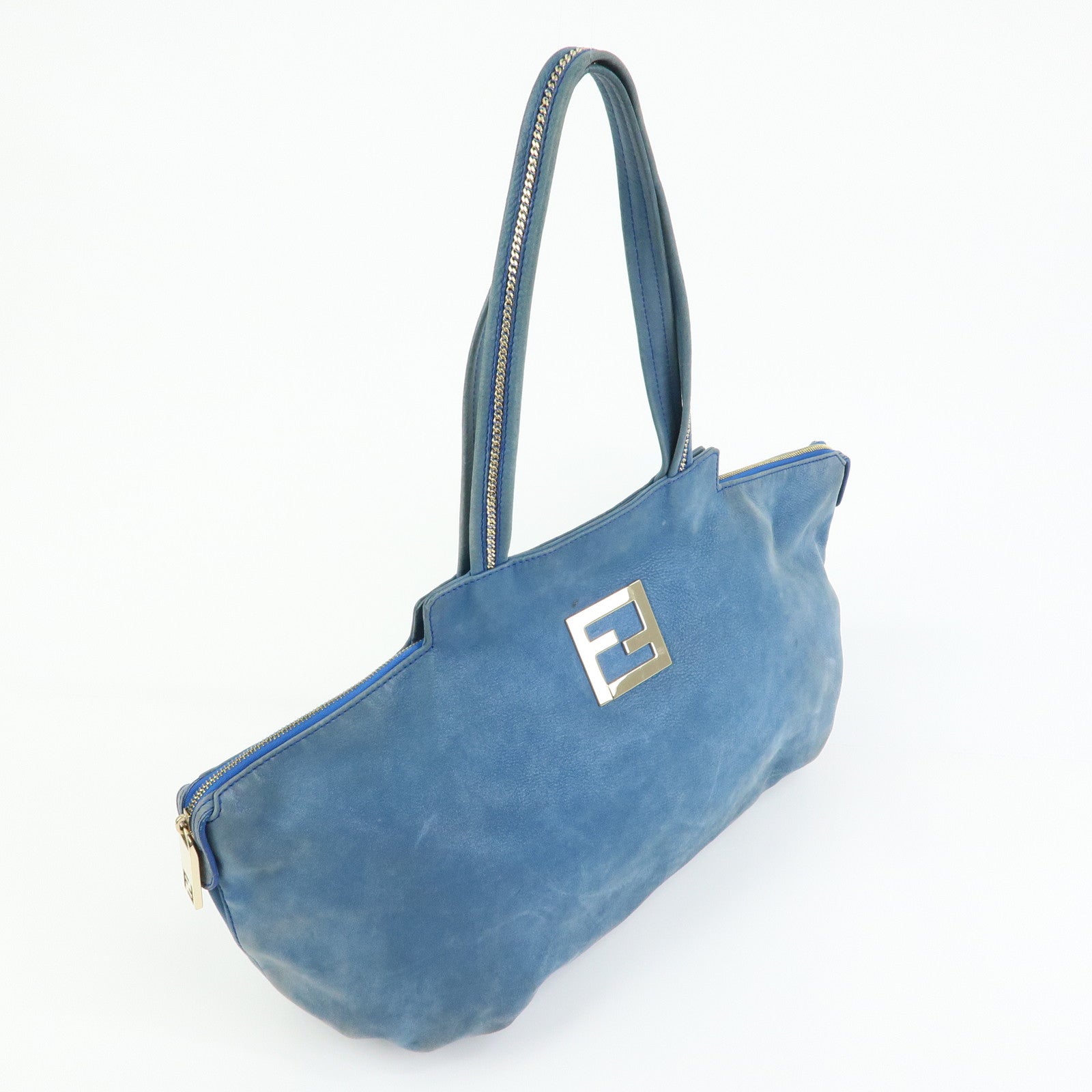 FENDI Lampo Leather Tote Bag Shoulder Bag Blue 8BR636