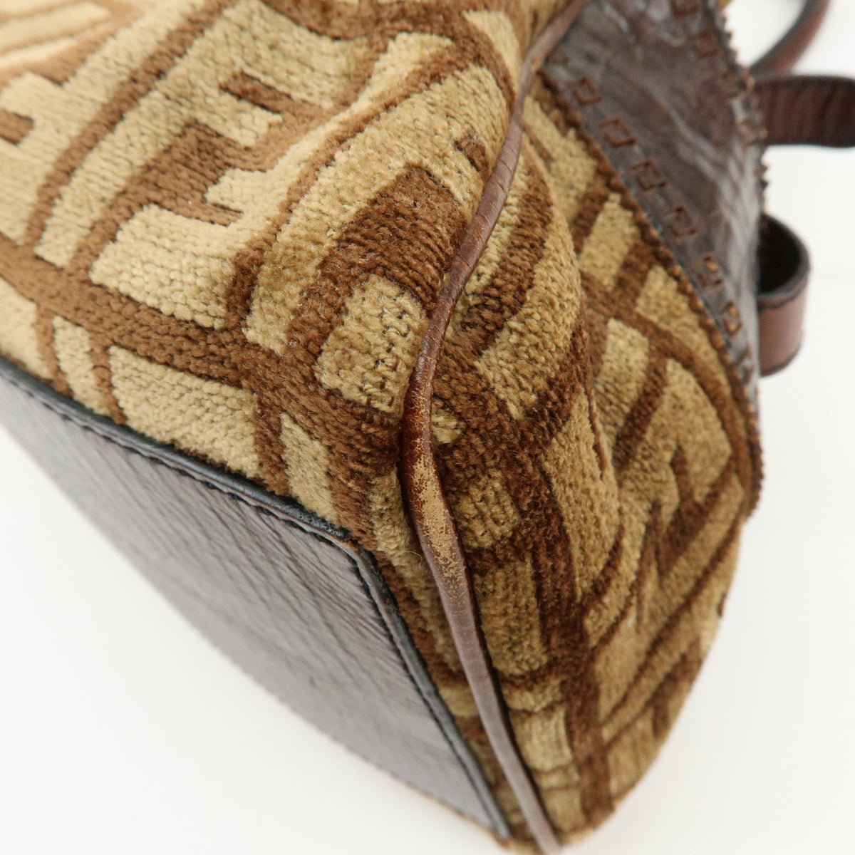 FENDI Zucca Etnico Velour Leather Tote Bag Shoulder Bag Brown 8BN157