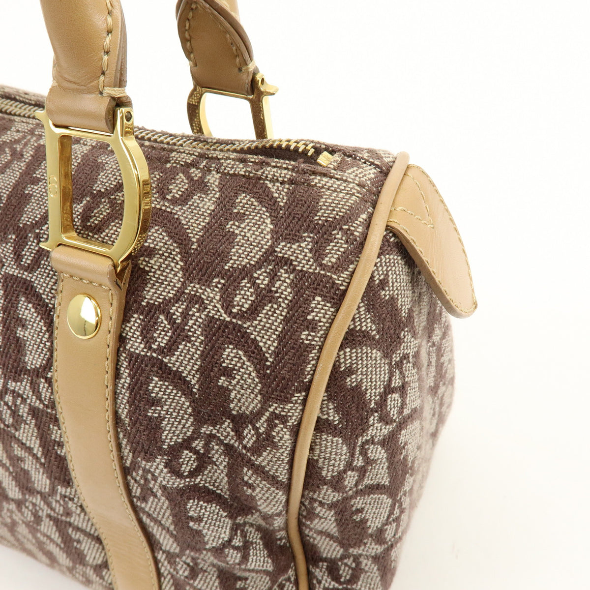 Christian Dior Trotter Jacquard Canvas Leather Boston Bag Brown Beige