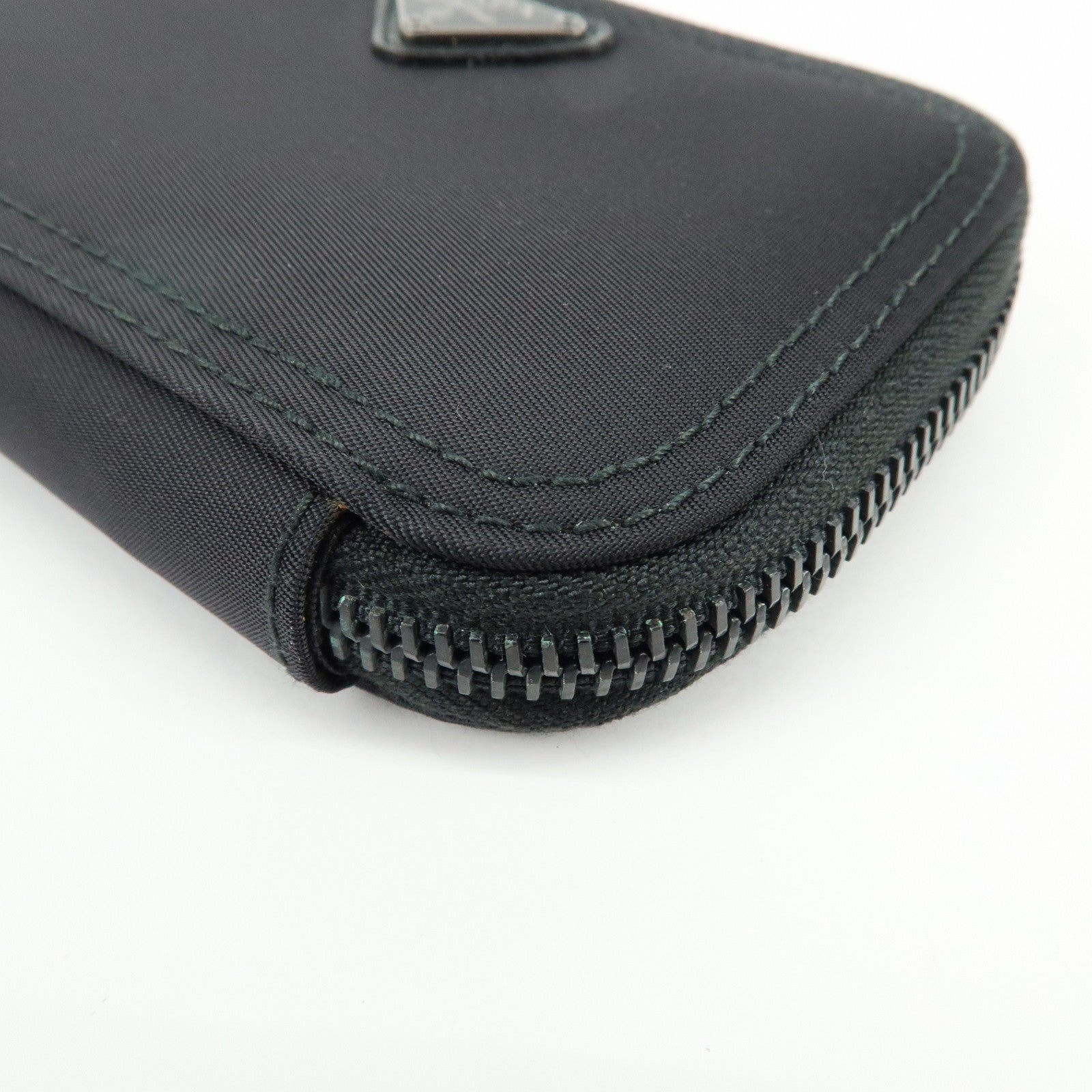 PRADA Triangle Logo Nylon Saffiano Leather Zippy Key Case Black 2PG003