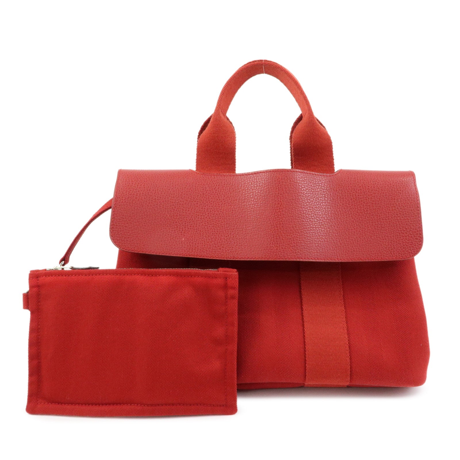 HERMES Valparaiso PM Toile Chevron Leather Hand Bag □J Stamped Red