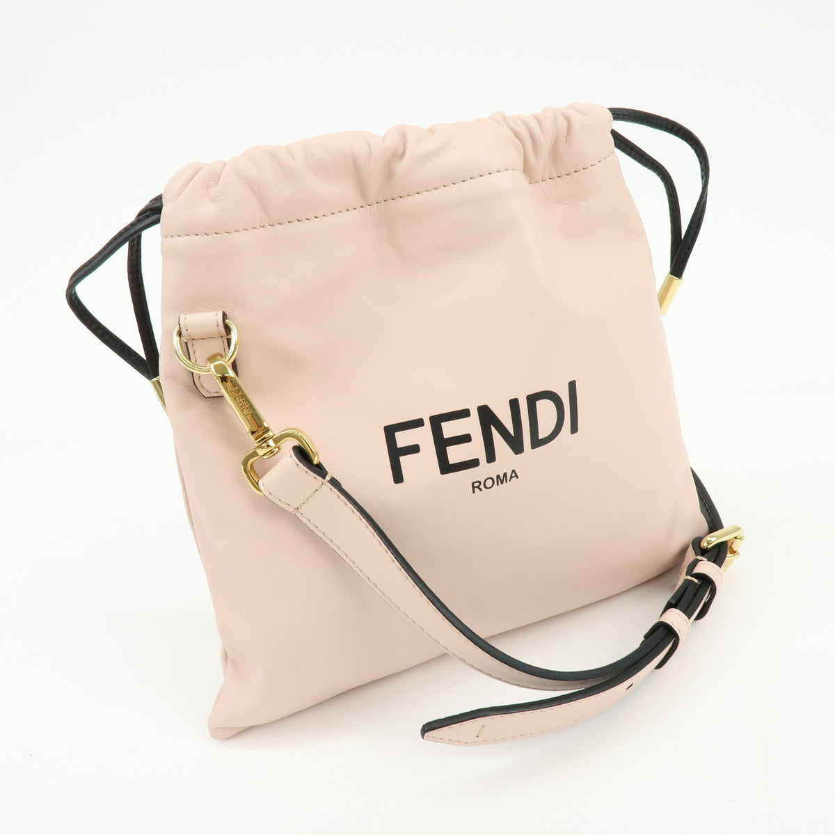 FENDI Logo Nappa Leather Drawstring Shoulder Bag Pouch Pink 8BT337