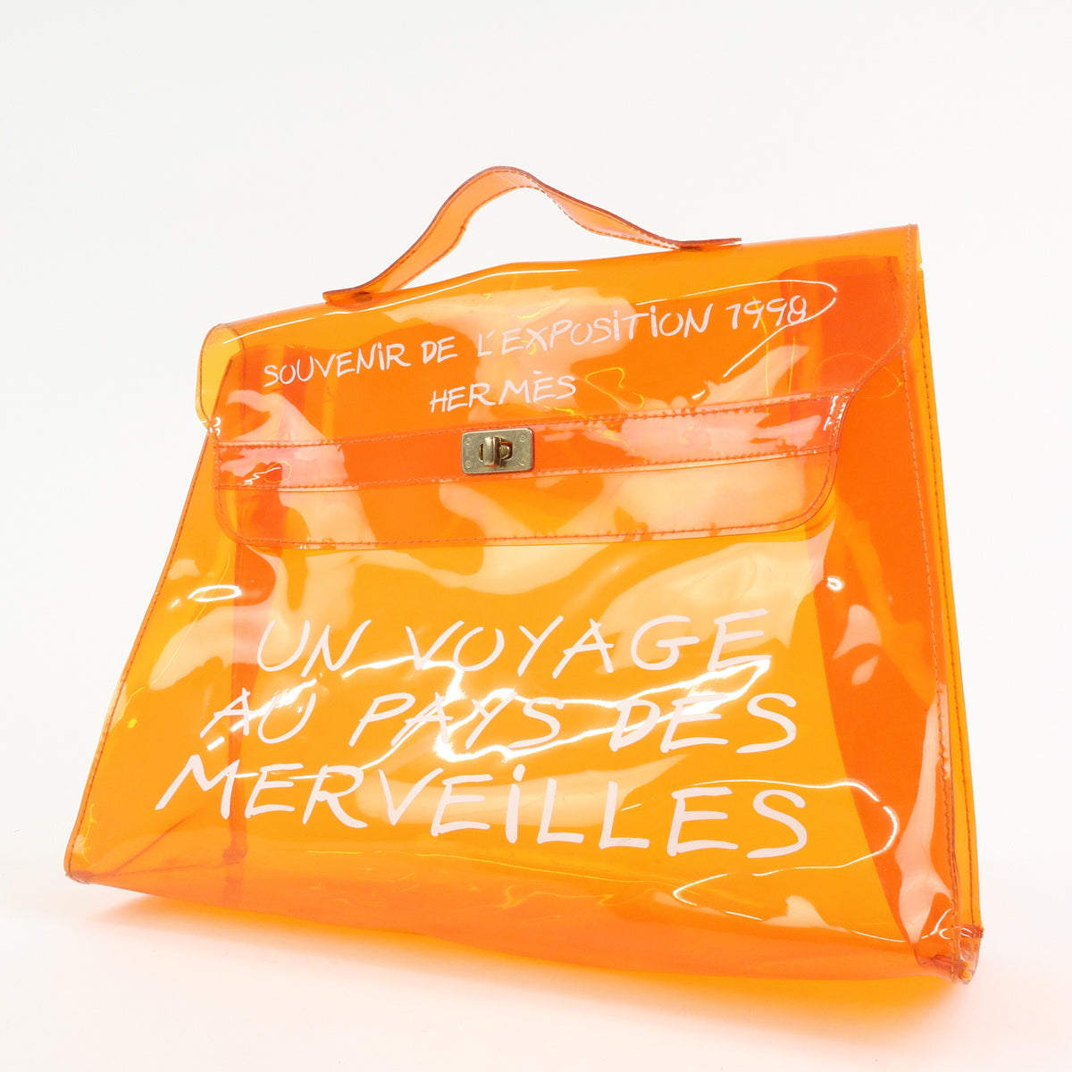 HERMES Vinyl Kelly Clear Hand Bag Transparent Orange