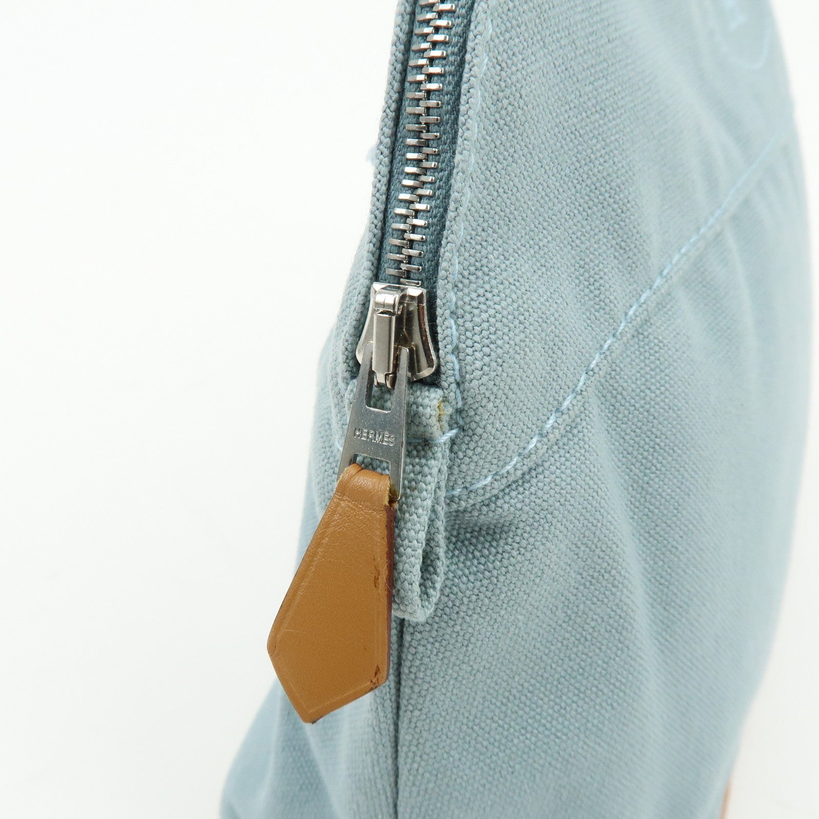 HERMES Bolide Pouch MM Cotton Leather Cosmetic Pouch Light Blue Brown