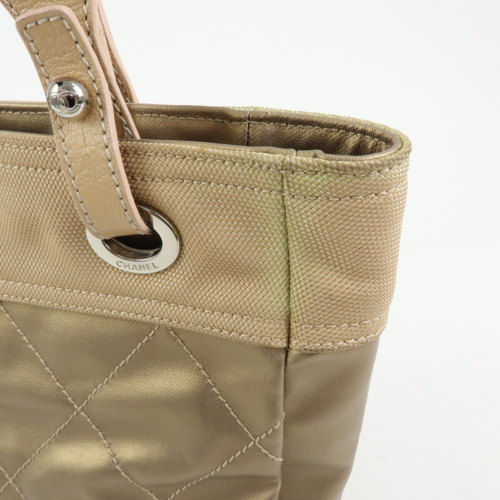 CHANEL Paris Biarritz PM Coated Canvas Leather Tote Bag Gold A34208