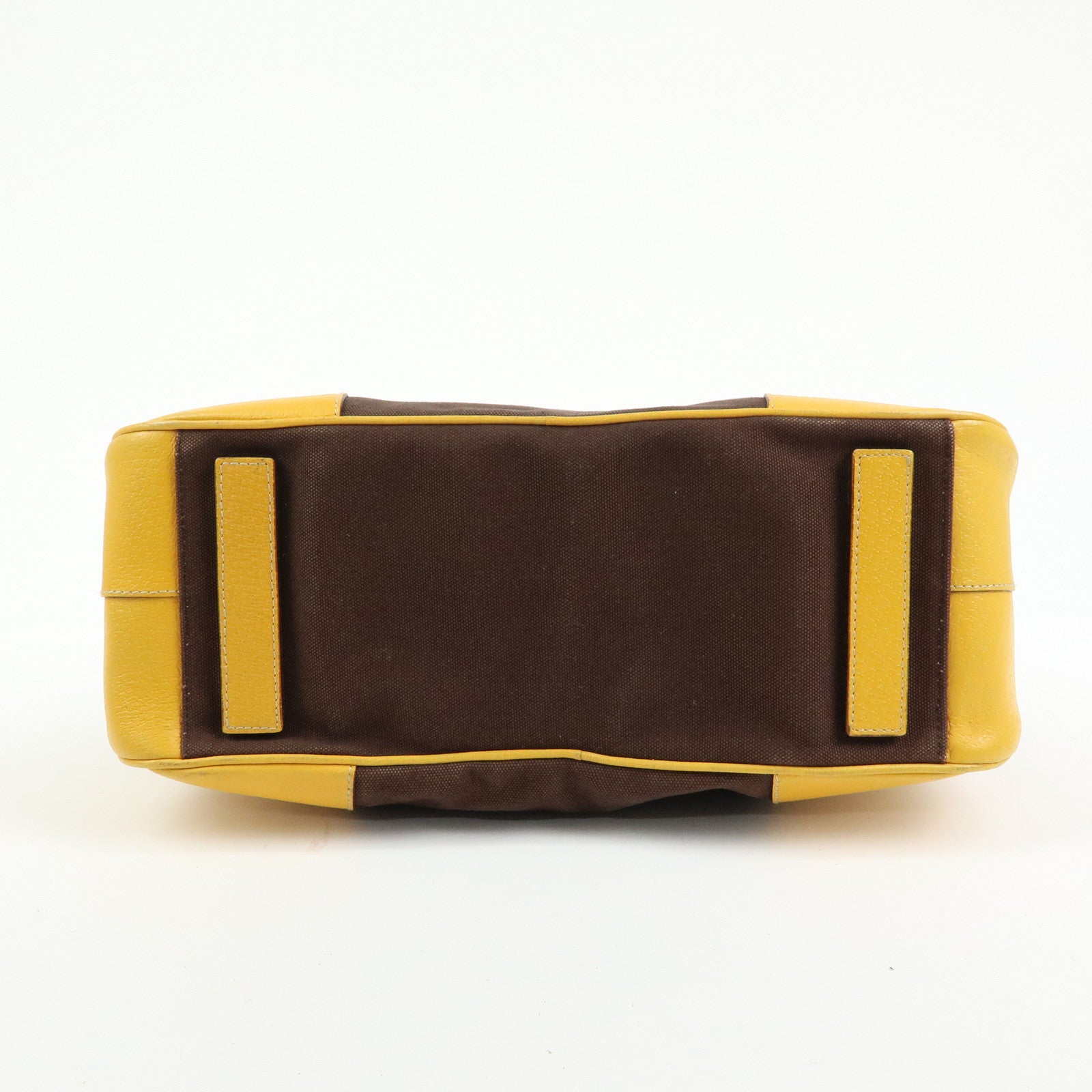 PRADA Triangle Logo Canvas Leather Boston Bag Brown Yellow B10813