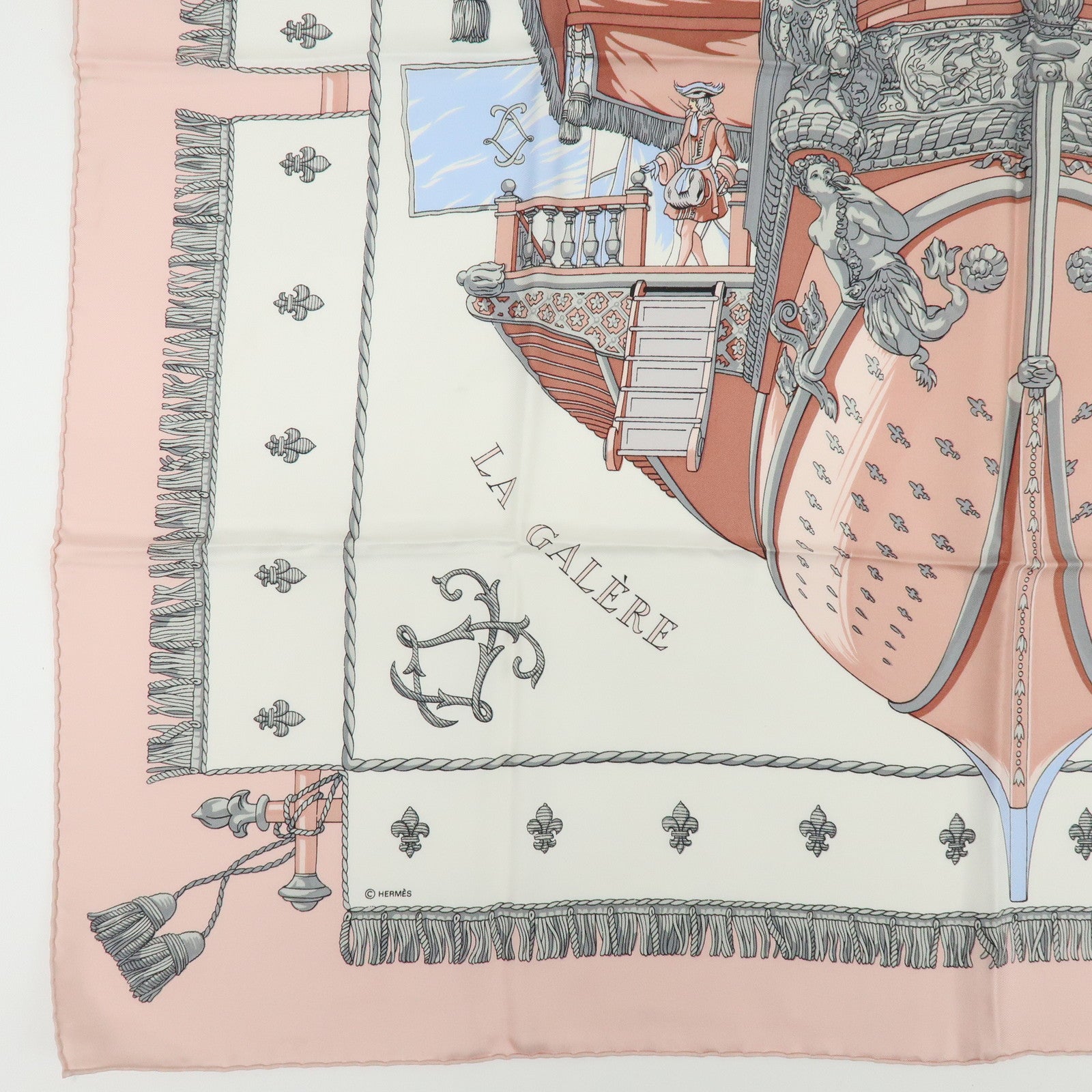 HERMES Carre 90 Silk 100% Scarf VUE DU CARROSSE DE LA GALERE Pink White