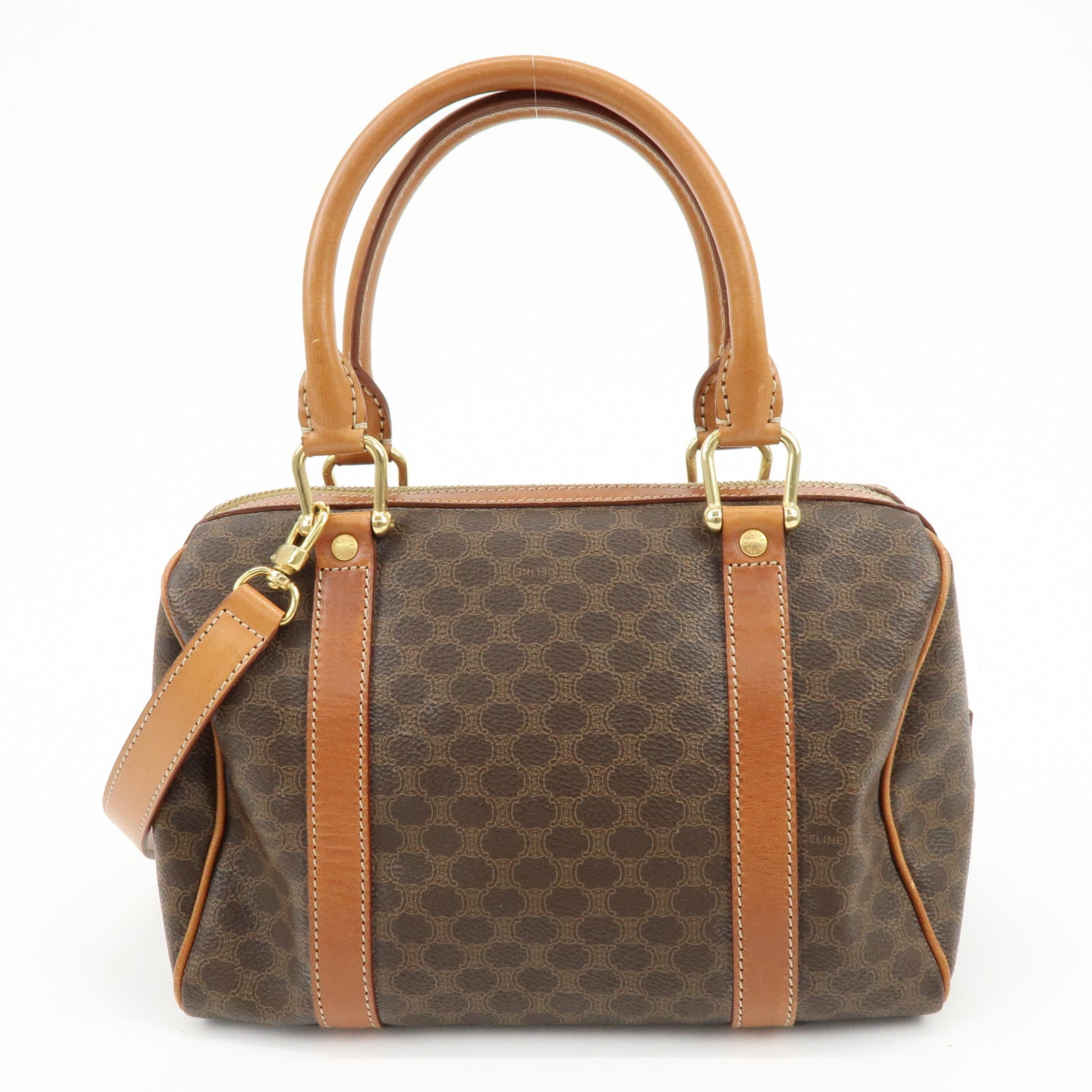 CELINE Macadam Logo PVC Leather 2Way Boston Bag Hand Bag Brown