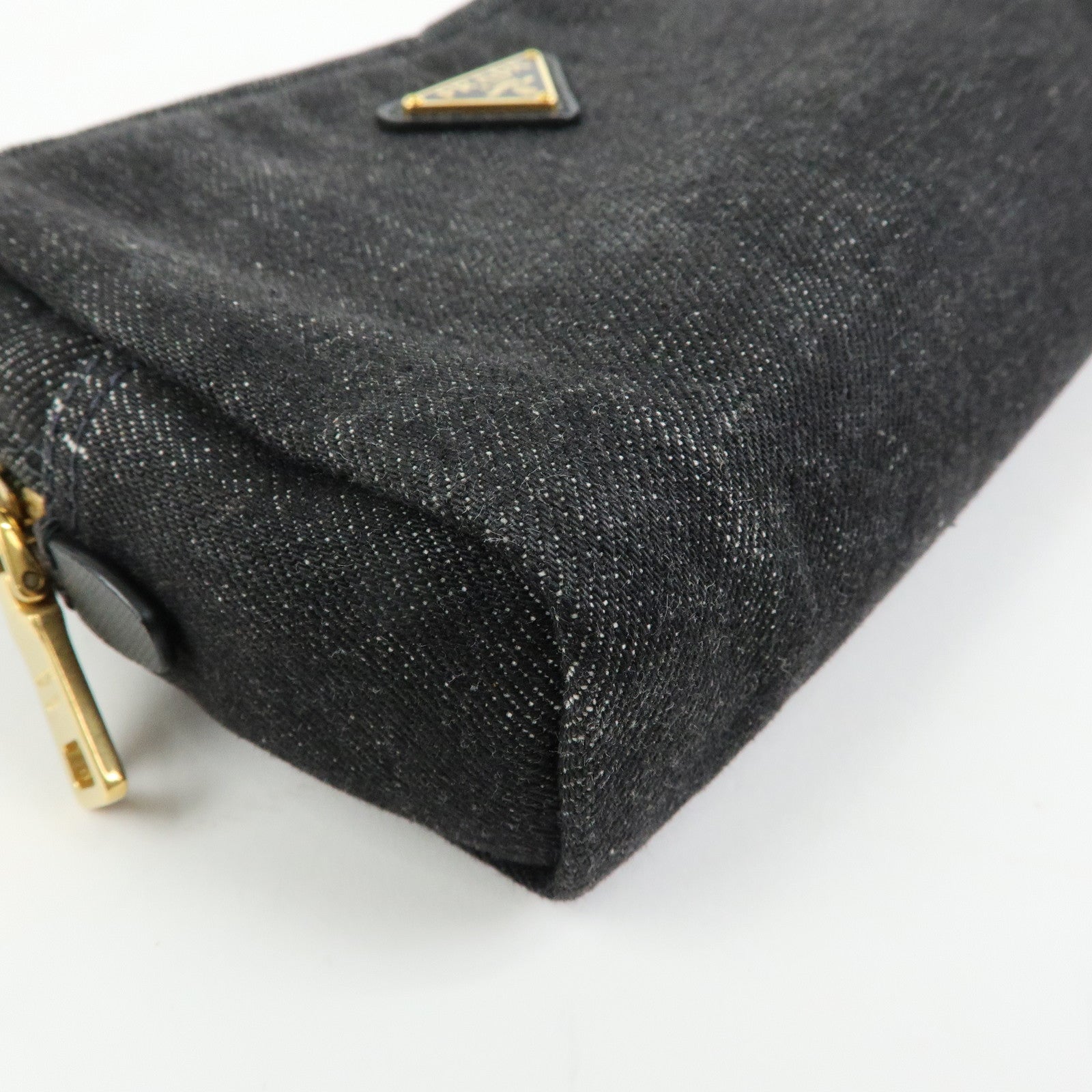 PRADA Triangle Logo Denim Cosmetic Pouch Black Gold