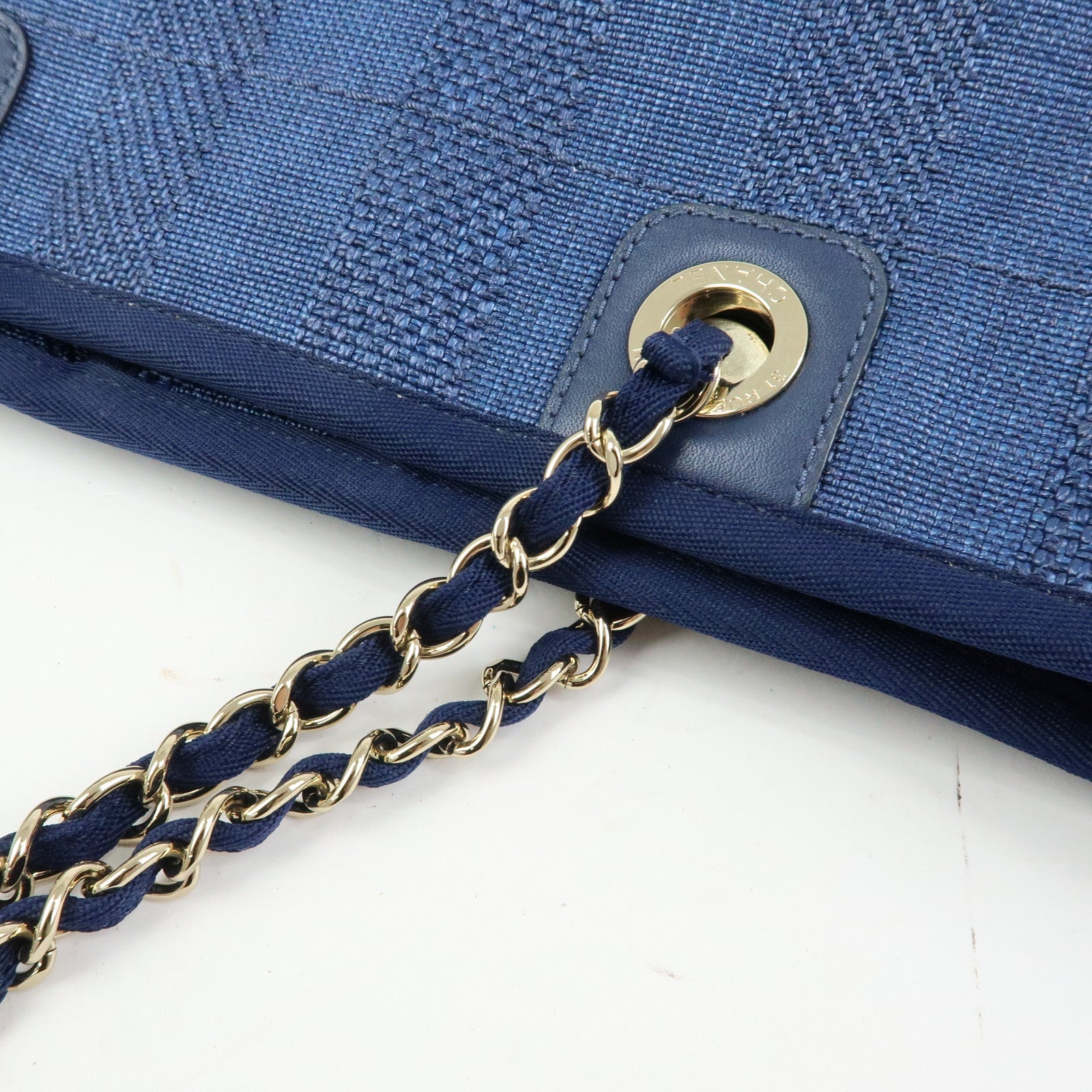 CHANEL Deauville MM Canvas Leather Tote Chain Shoulder Bag A67001