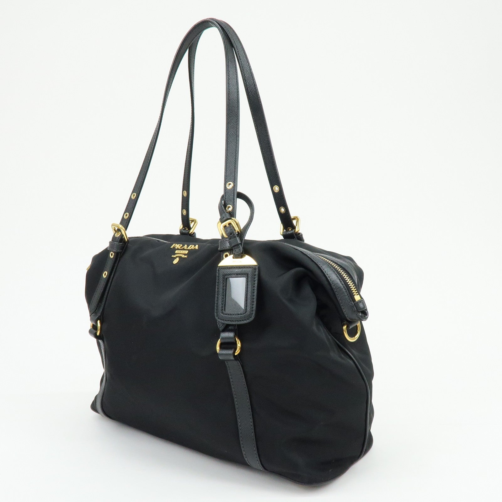 PRADA Logo Nylon Saffiano Leather Shoulder Bag Black 1BG253