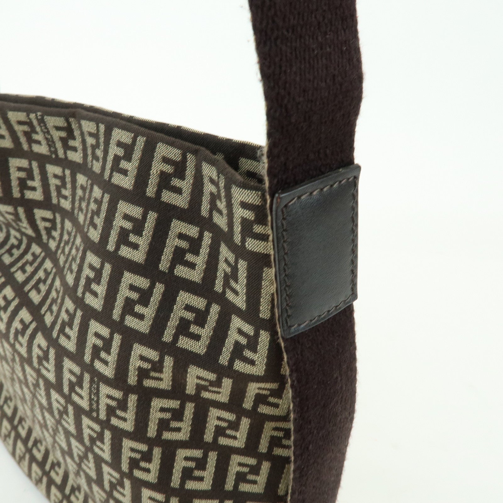 FENDI Zucchino Jacquard Canvas Leather Shoulder Bag Brown 8BR317