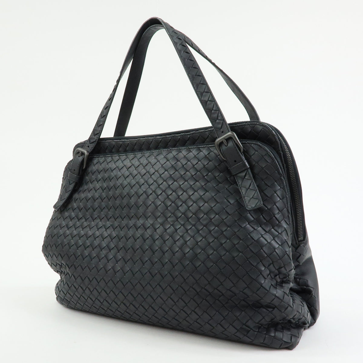 BOTTEGA VENETA Intrecciato Leather Boston Bag Shoulder Bag Black