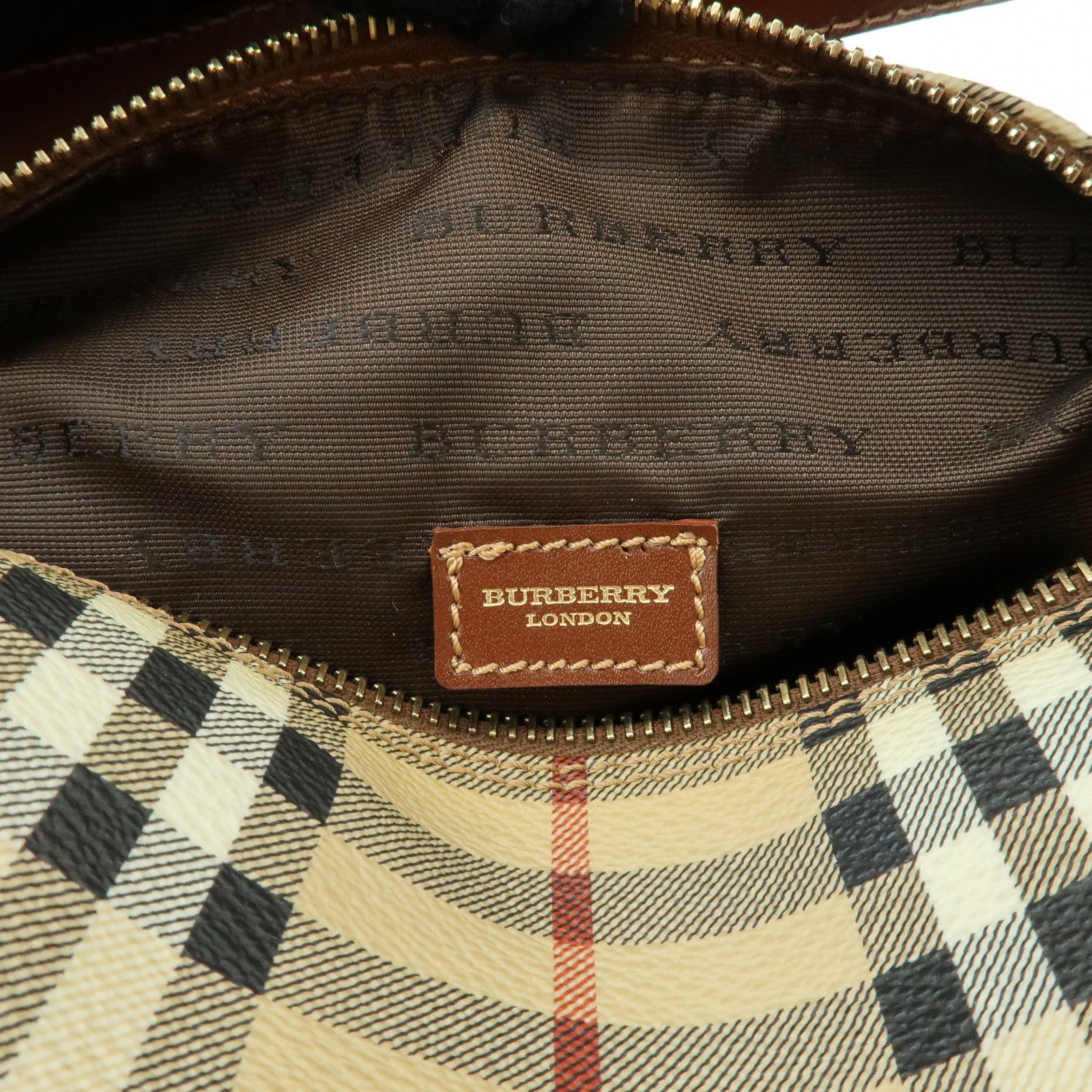 BURBERRY Nova Plaid PVC Leather Hand Bag Pouch Beige