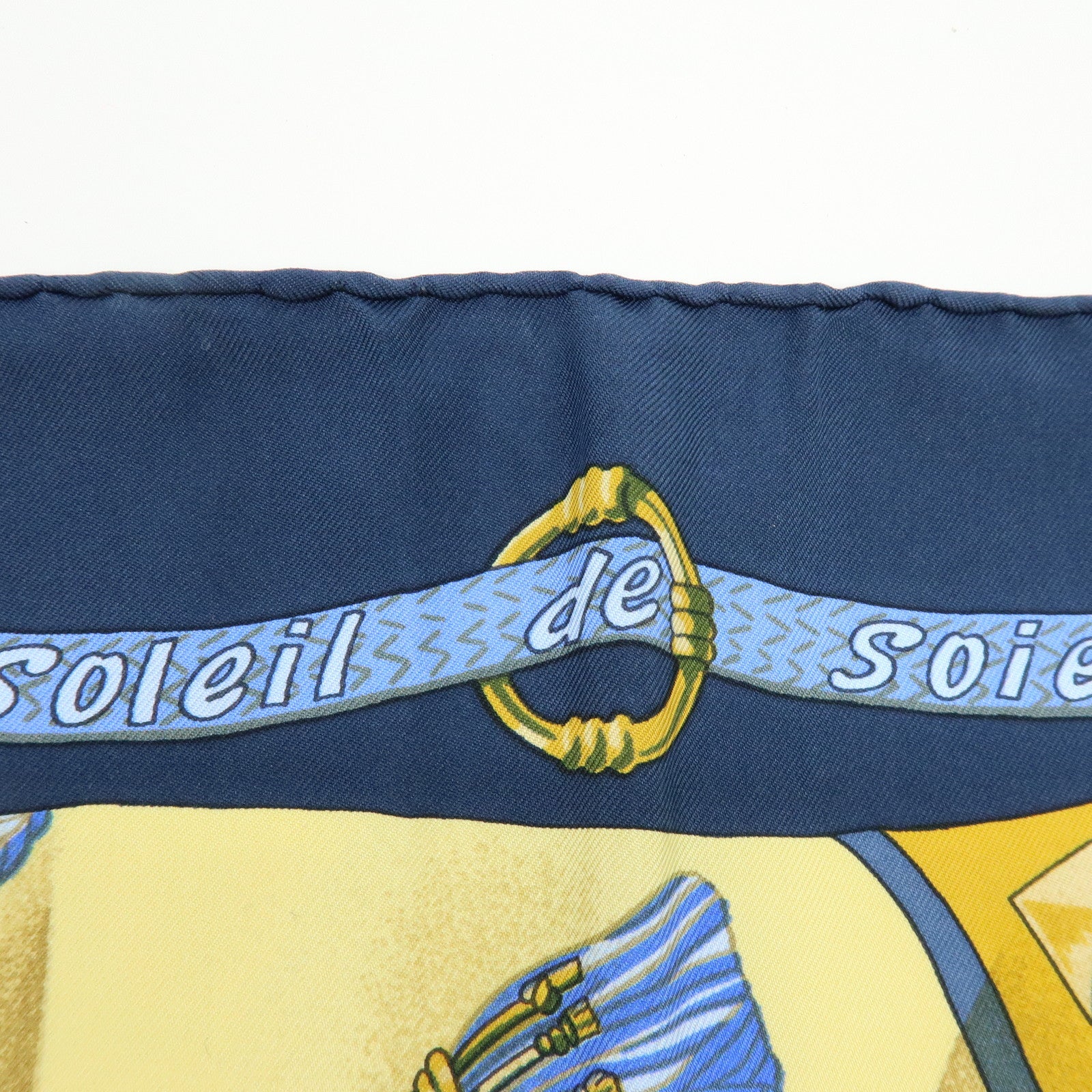 HERMES Carre 90 Silk 100% Scarf Soleil de Soie Blue Navy Yellow
