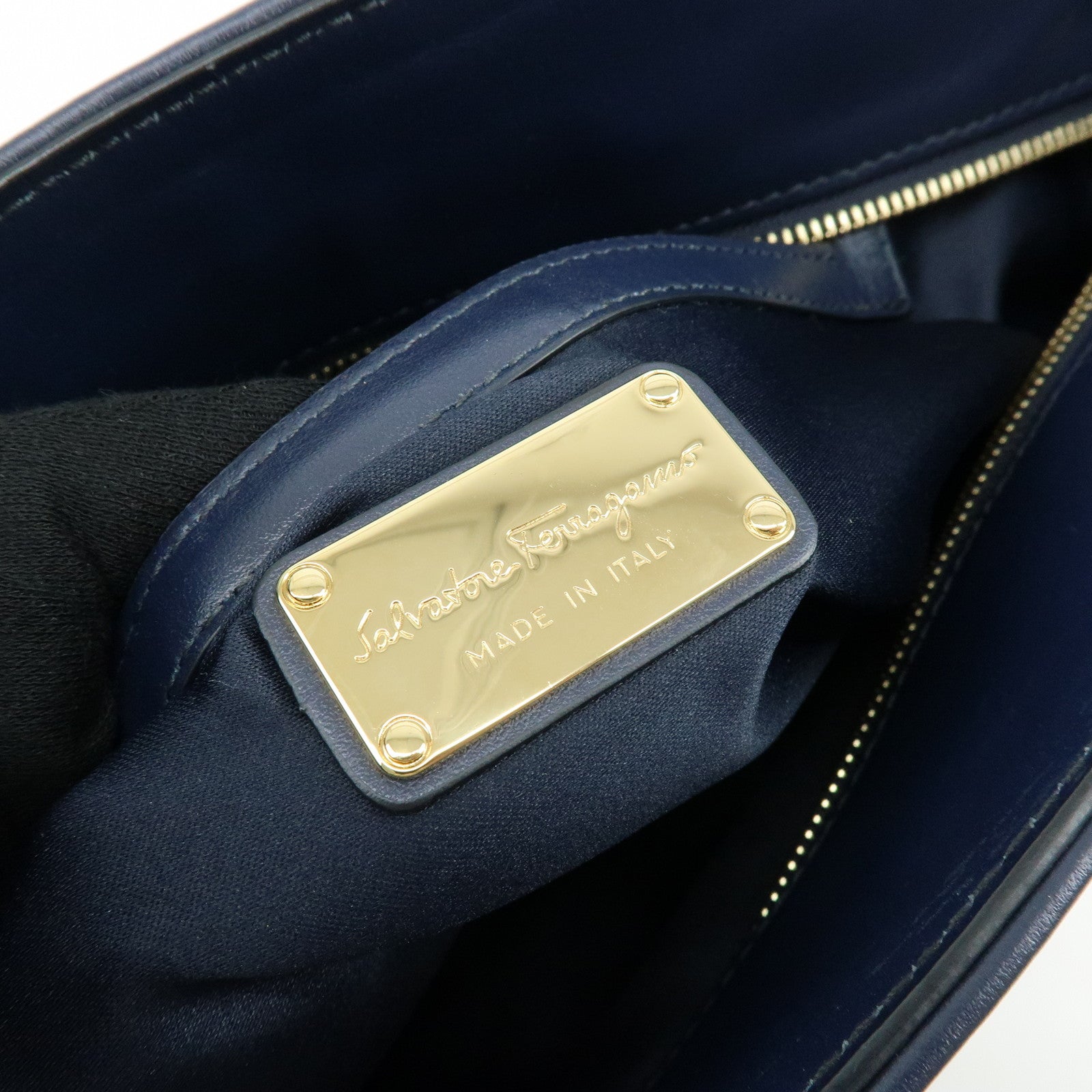Ferragamo Gancini Sequin Leather Tote Bag Hand Bag Navy