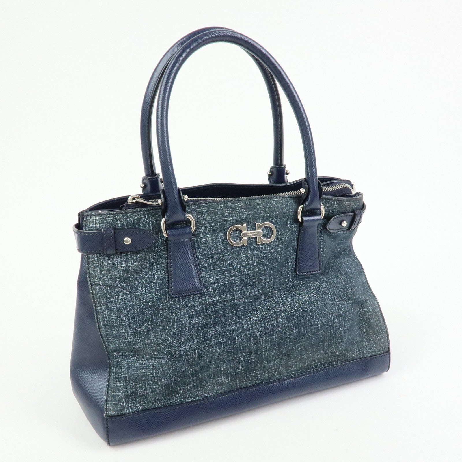 Ferragamo Gancini Canvas Leather 2Way Bag Hand Bag Navy