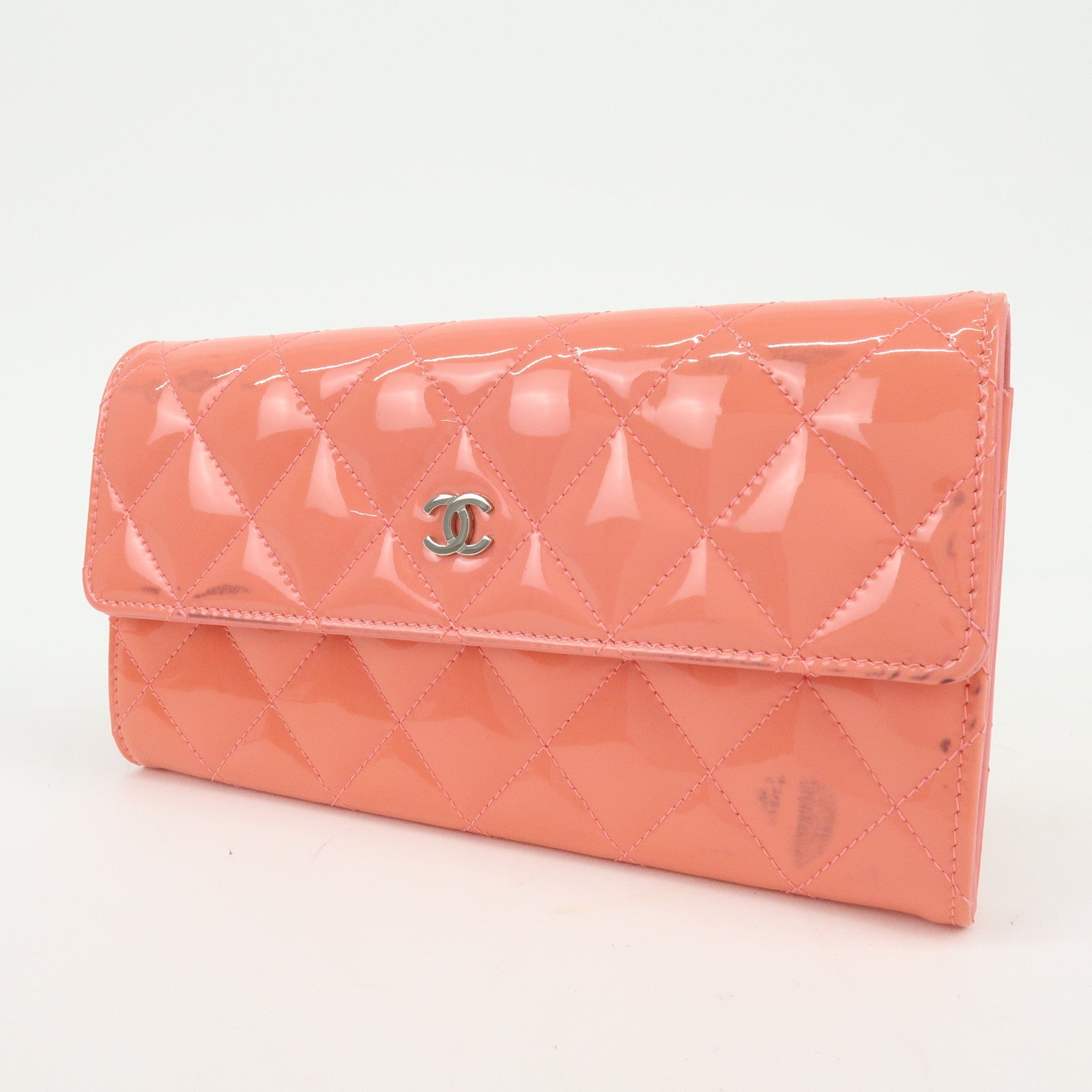CHANEL COCO Mark Matelasse Patent Leather Long Wallet Salmon Pink