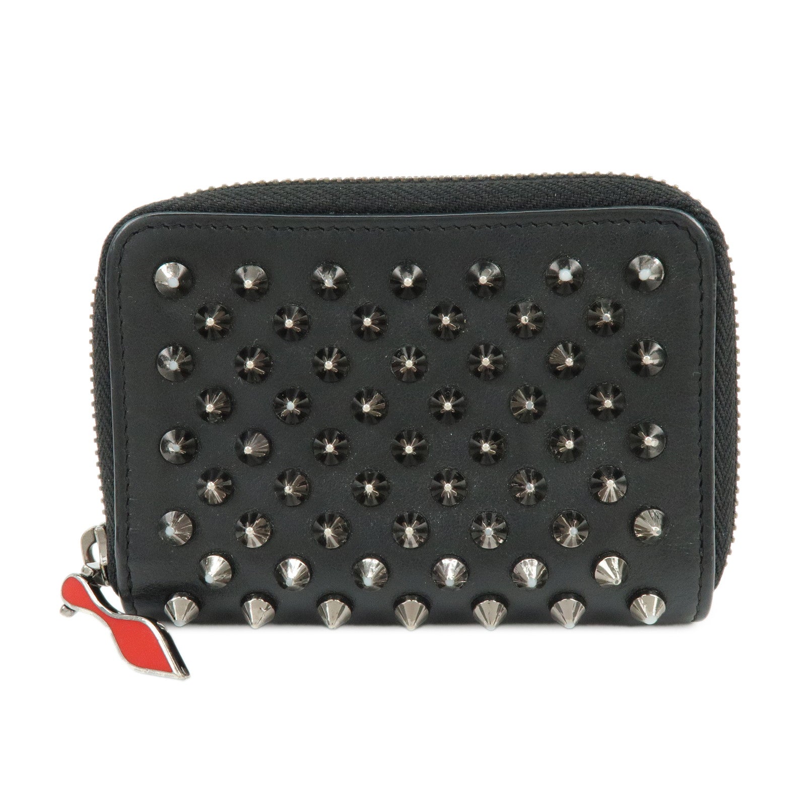 Christian Louboutin Studs Leather Round Zippy Compact Wallet Black