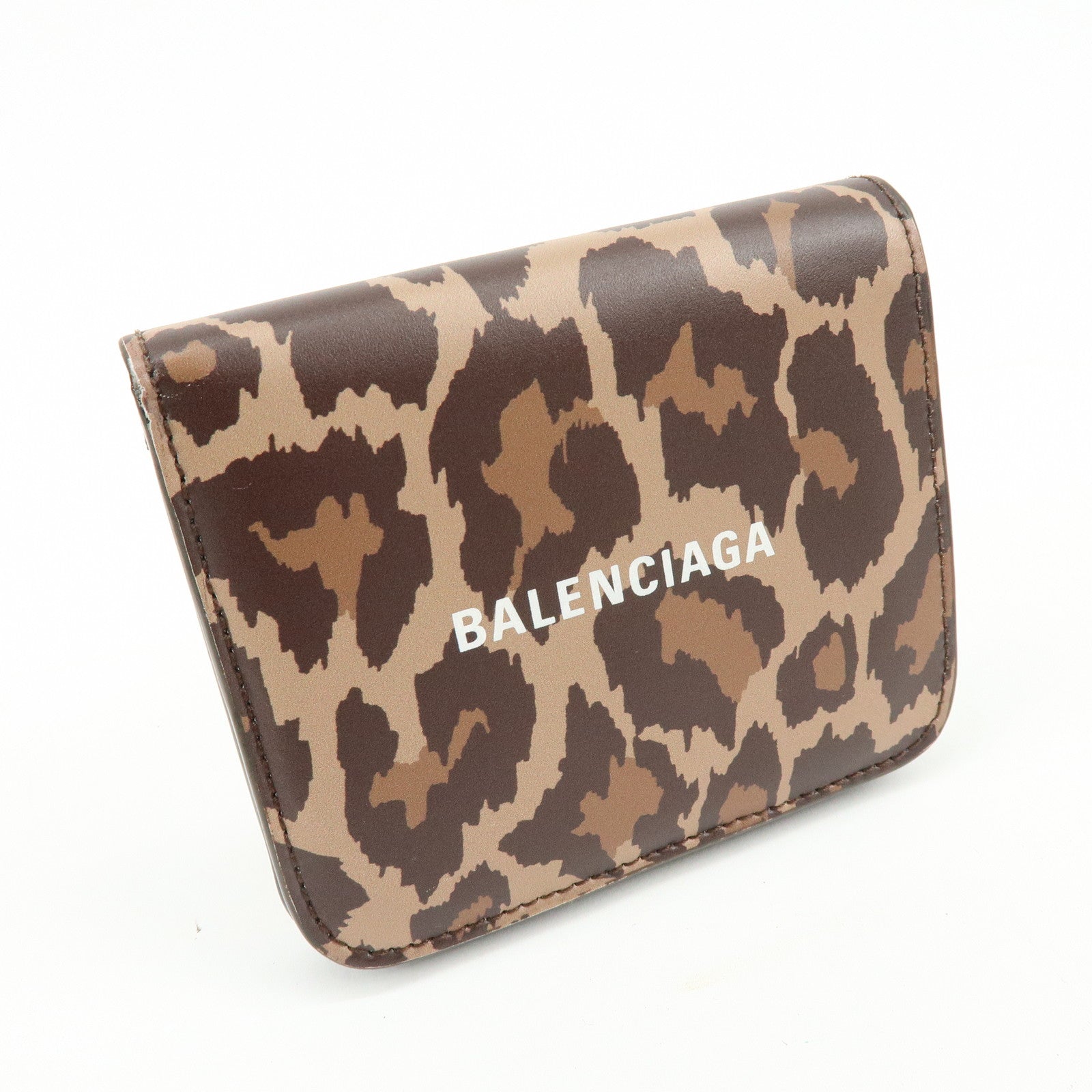 Balenciaga Leather Bi-Fold Compact Wallet Leopard Motif Brown