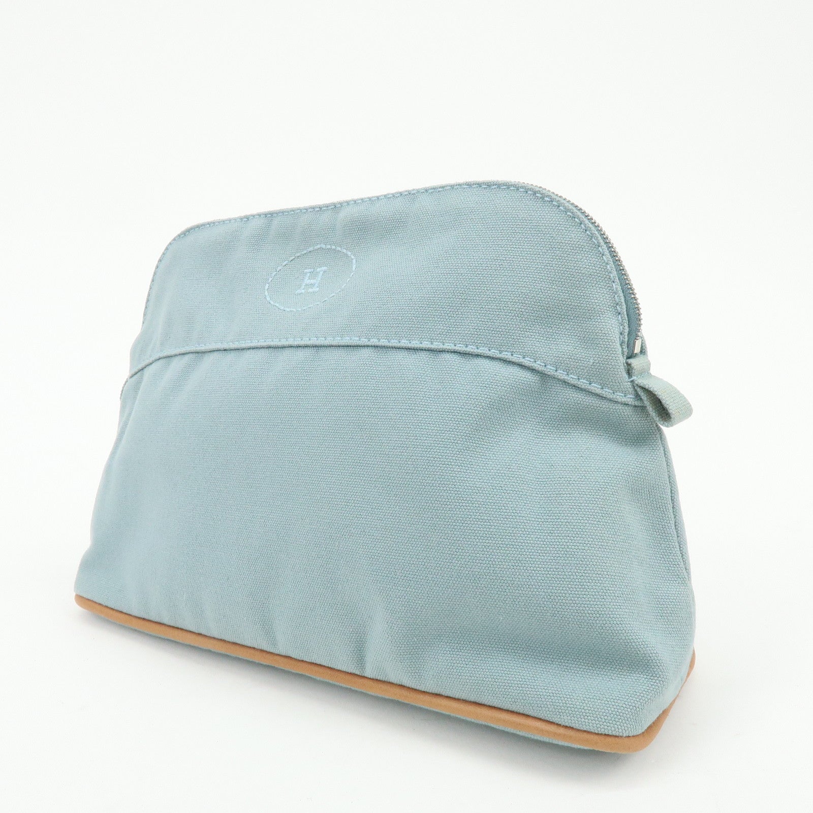 HERMES Bolide Pouch MM Cotton Leather Cosmetic Pouch Light Blue Brown