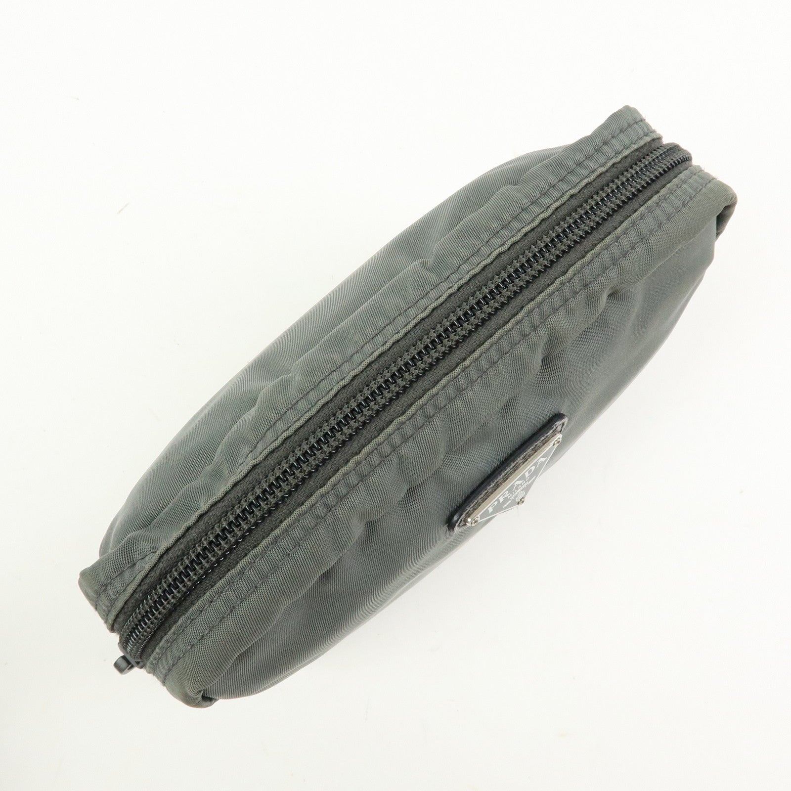 PRADA Triangle Logo Nylon Pouch Cosmetic Case Makeup Case Gray