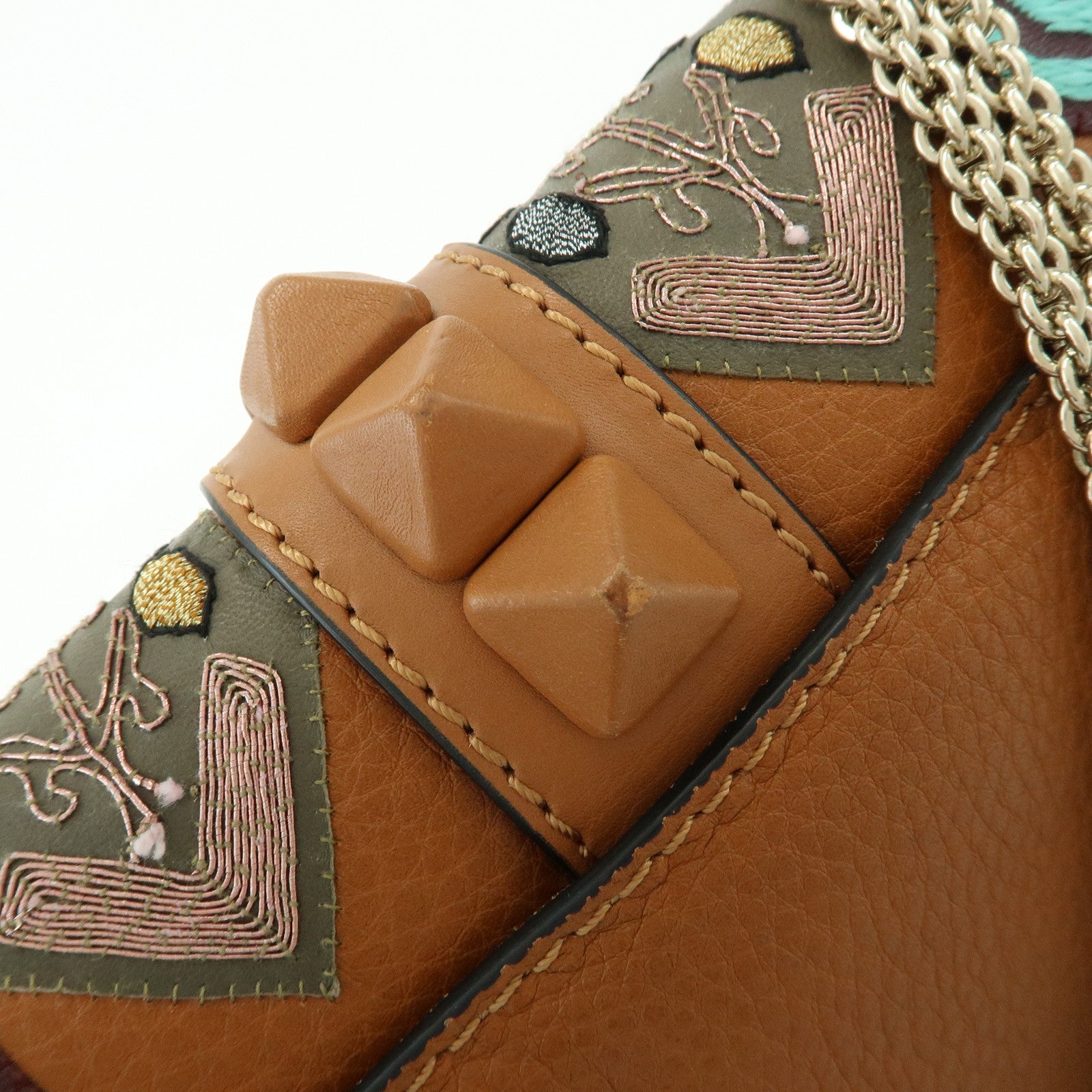 VALENTINO Glam Lock Embroidery Leather Chain Shoulder Bag Brown