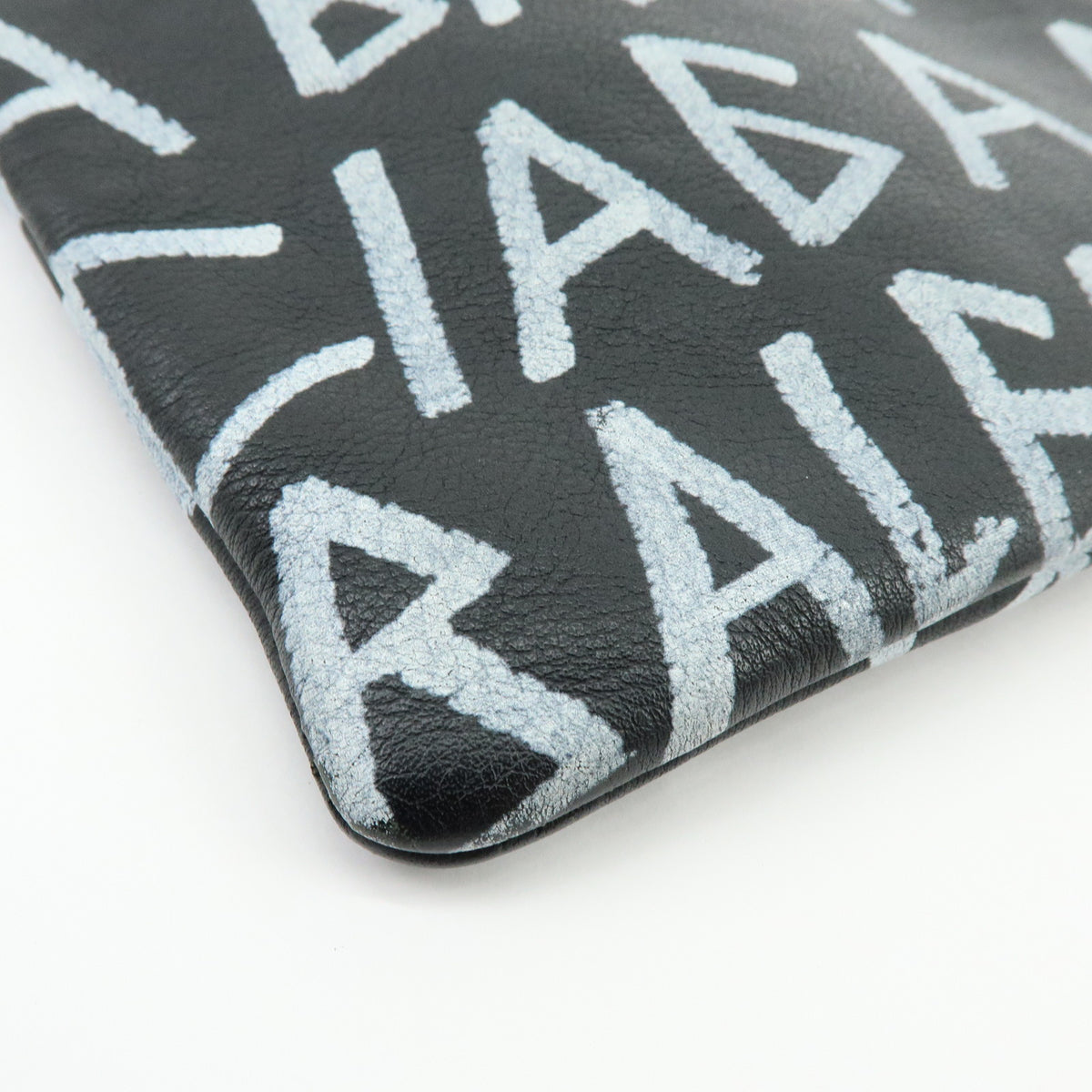 BALENCIAGA Graffiti Leather Clutch Bag Flat Pouch Black White
