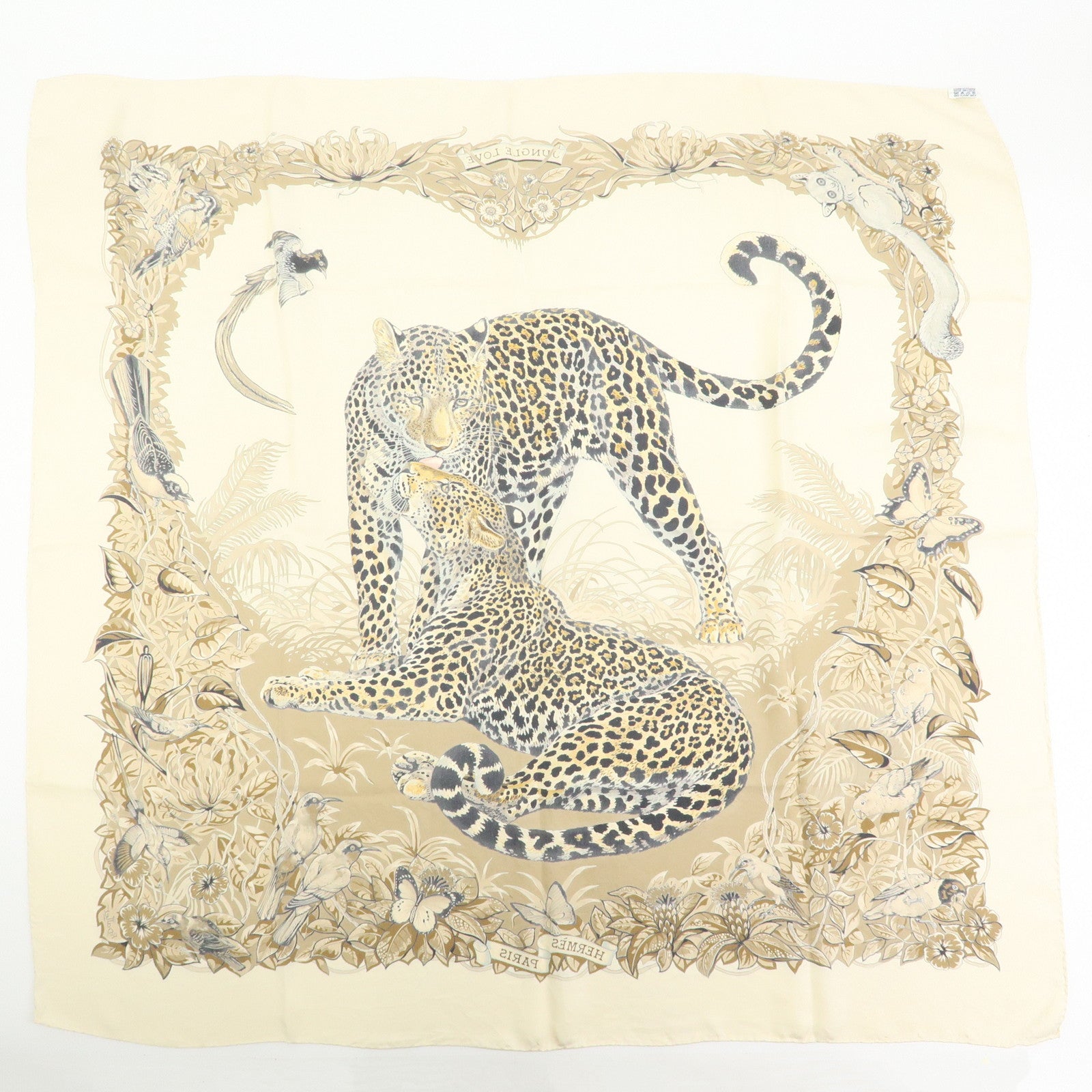 HERMES Carre 90 Silk 100% Scarf JUNGLE LOVE Light Brown Beige