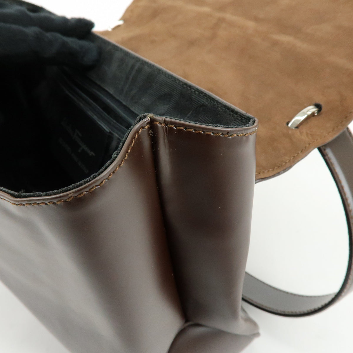 Ferragamo Vara Leather Shoulder Bag Hand Bag Dark Brown