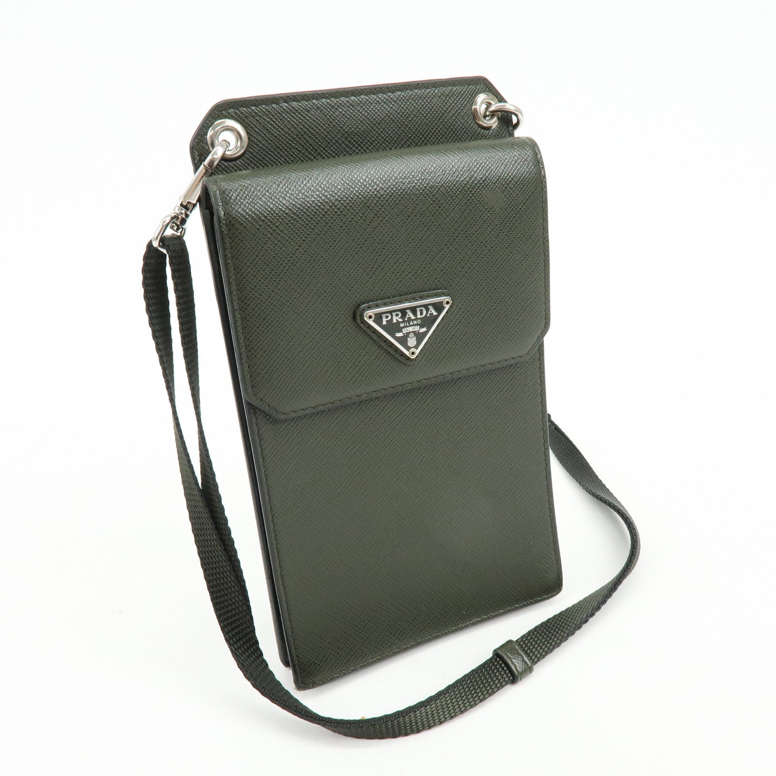 PRADA Triangle Logo Saffiano Leather Adjustable Shoulder Bag Khaki
