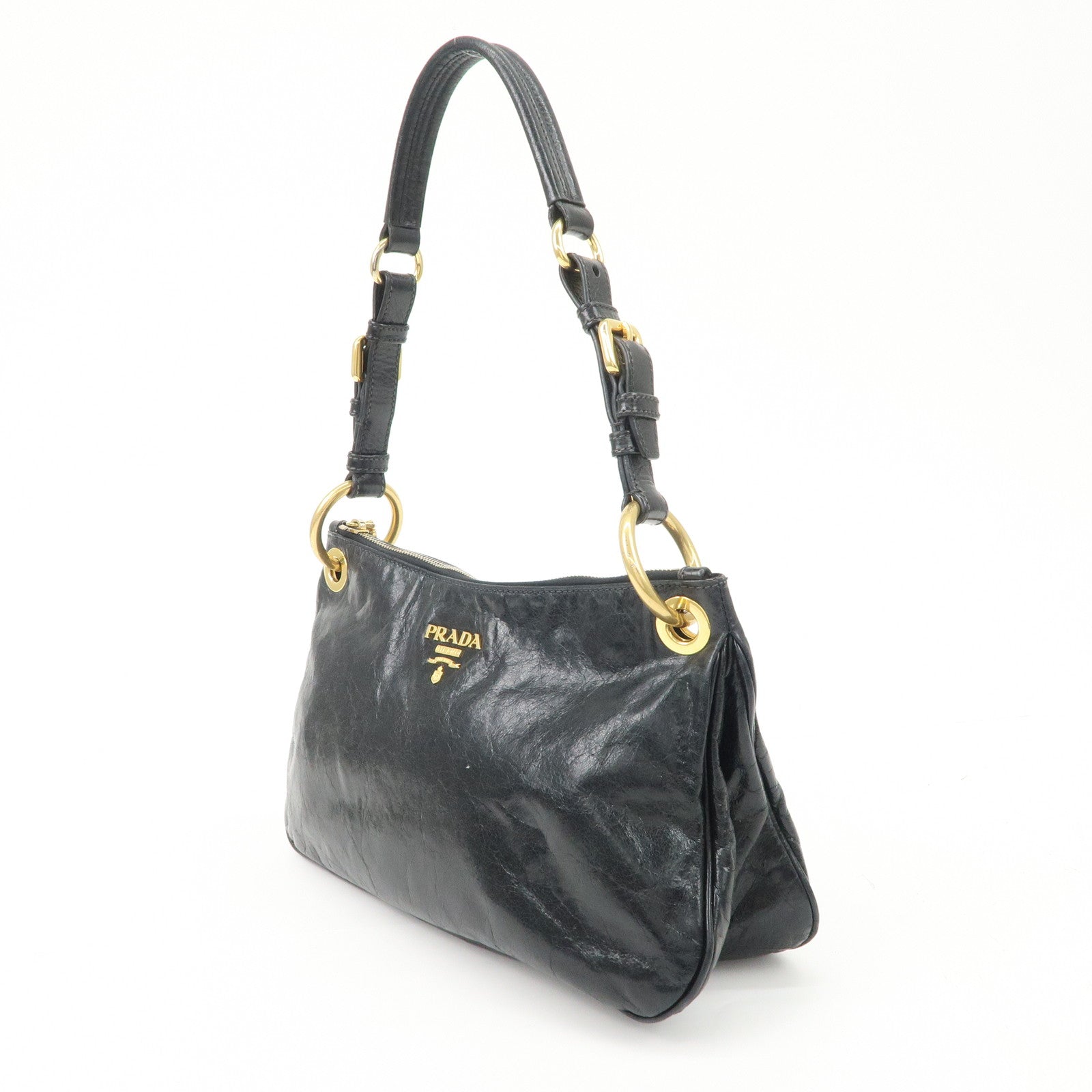PRADA Logo Leather Shoulder Bag Hand Bag Gold Hardware Black Used