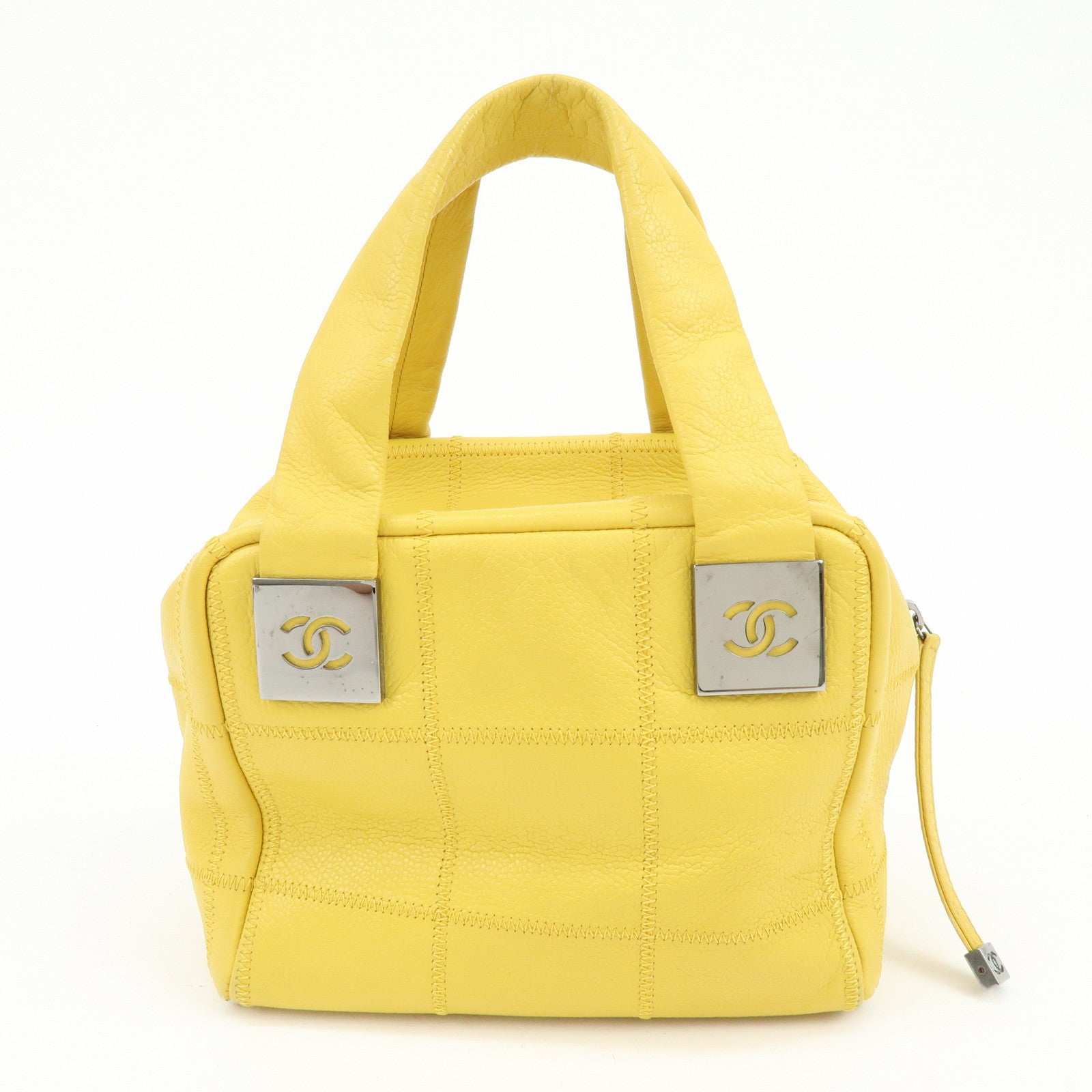 CHANEL Chocolate Bar COCO Mark Caviarskin Boston Bag Yellow A28023