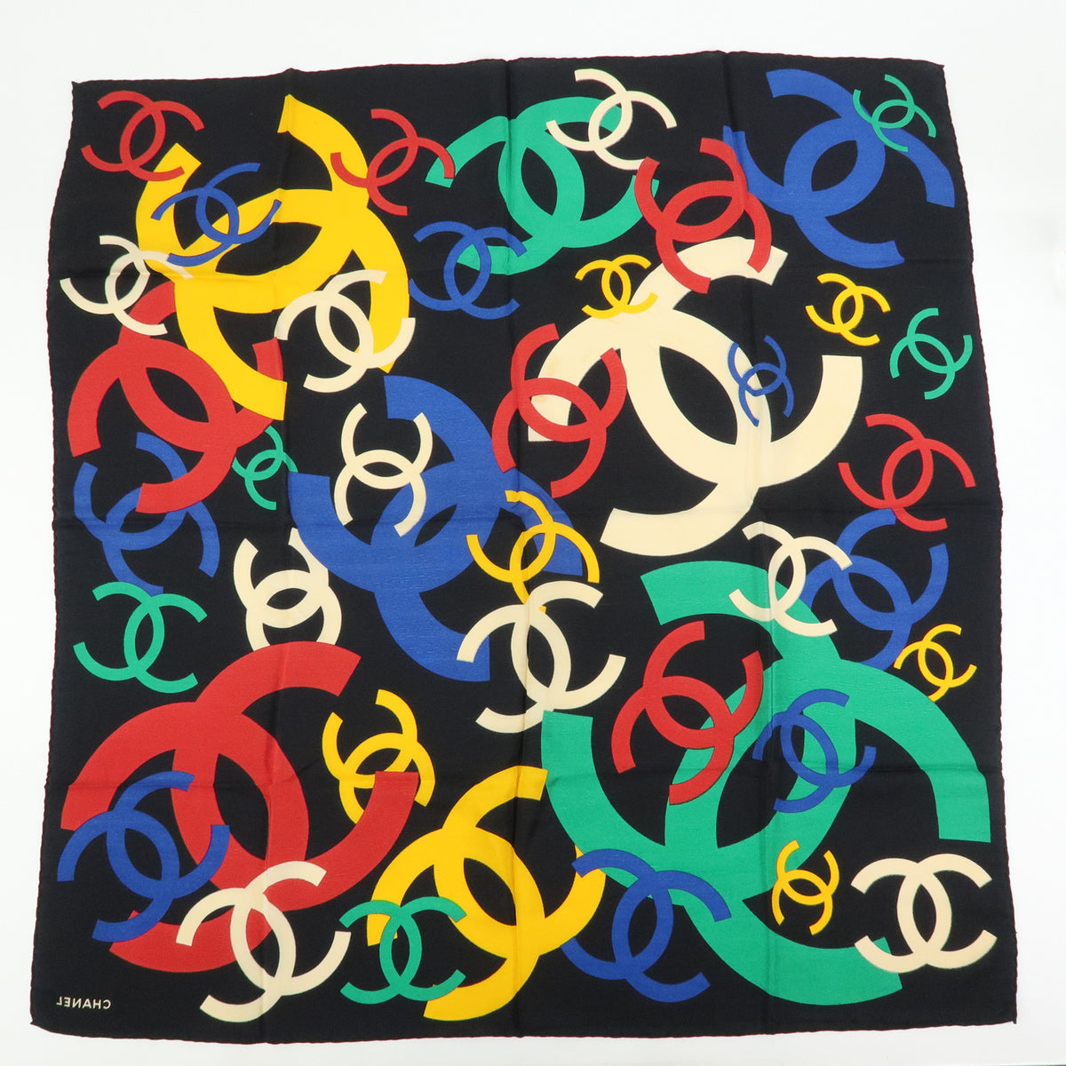CHANEL COCO Mark Silk 100% Scarf Shawl Black Multicolor
