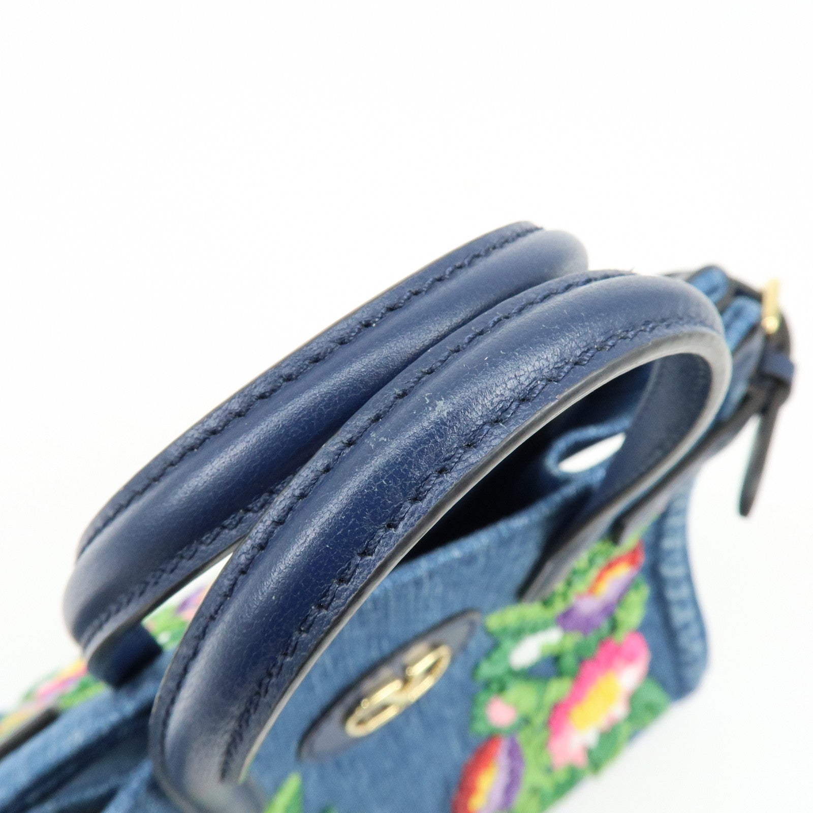 VALENTINO Denim Leather 2Way Hand Shoulder Bag Flower Embroidered