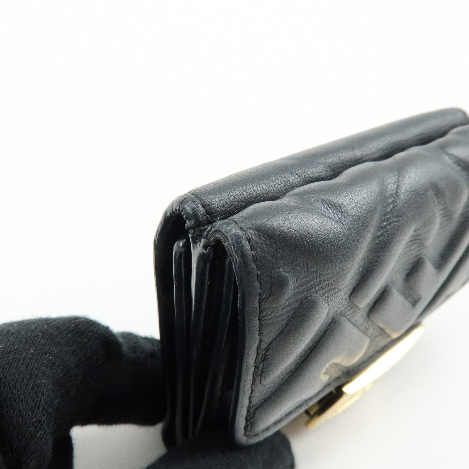 FENDI Zucca Baguette Micro Wallet Leather Tri-fold Wallet Black 8M0395