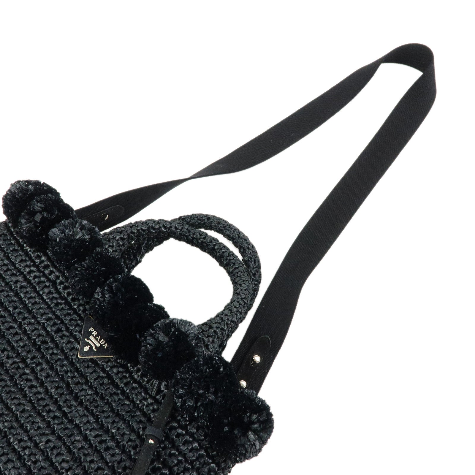 PRADA Triangle Logo Canapa Raffia Pon Pon 2Way Shoulder Tote Bag Black