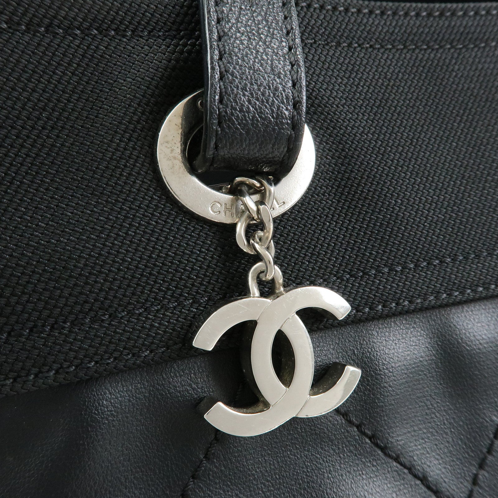 CHANEL Paris Biarritz MM Leather Canvas Tote Bag Hand Bag Black A34209