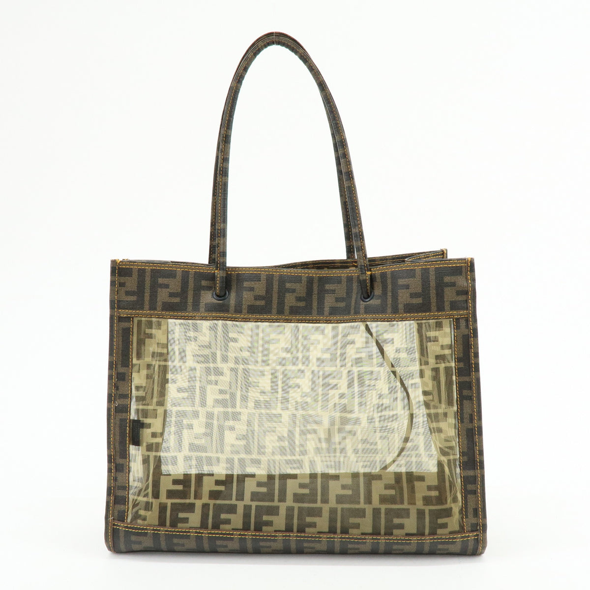FENDI Zucca PVC Mesh Leather Tote Bag Shoulder Bag Brown Black 8BH183