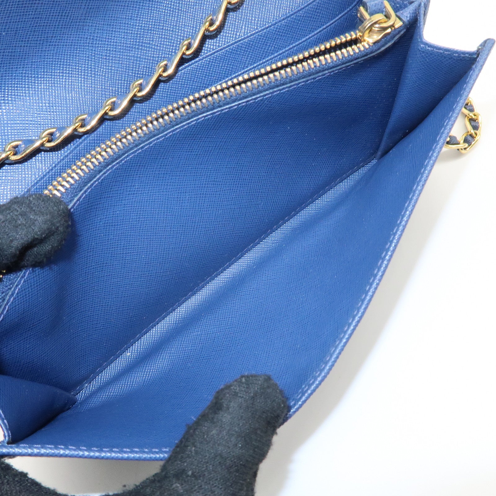PRADA Logo Leather Chain Wallet WOC Blue Gold Hardware 1MT290 Used