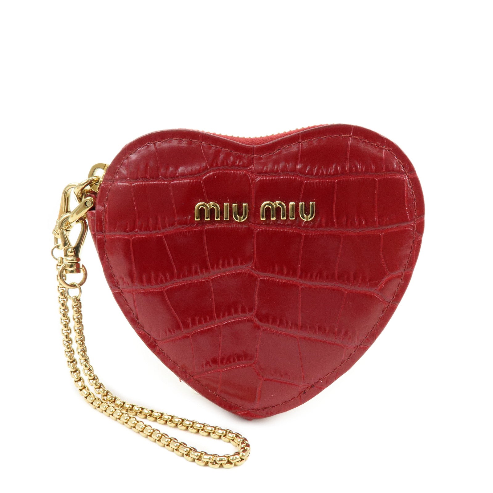 MIU MIU Embossed Leather Coin Case Bag Charm Heart Motif Red 5TL358