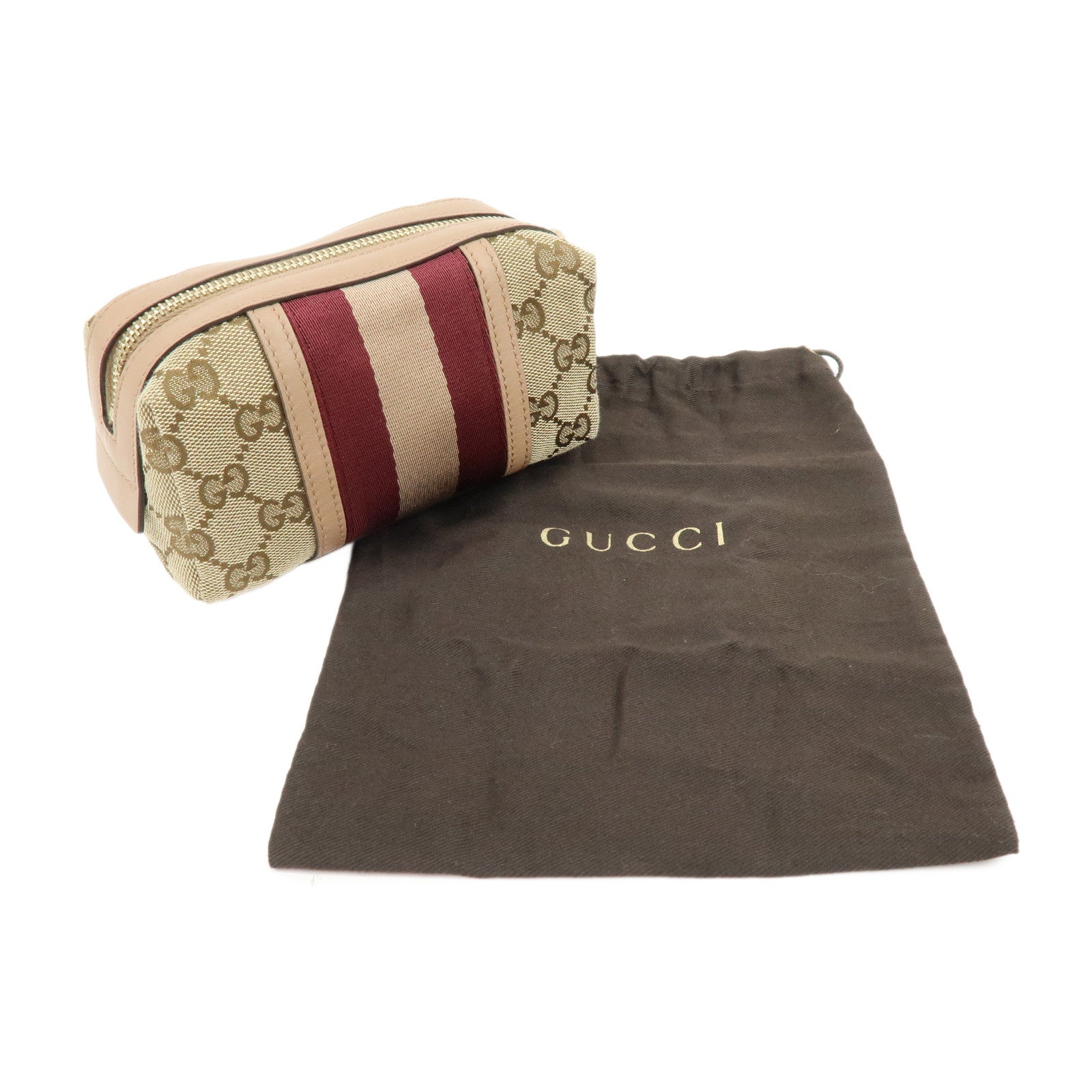 GUCCI Sherry GG Canvas Leather Cosmetic Pouch Beige Bordeaux 256639